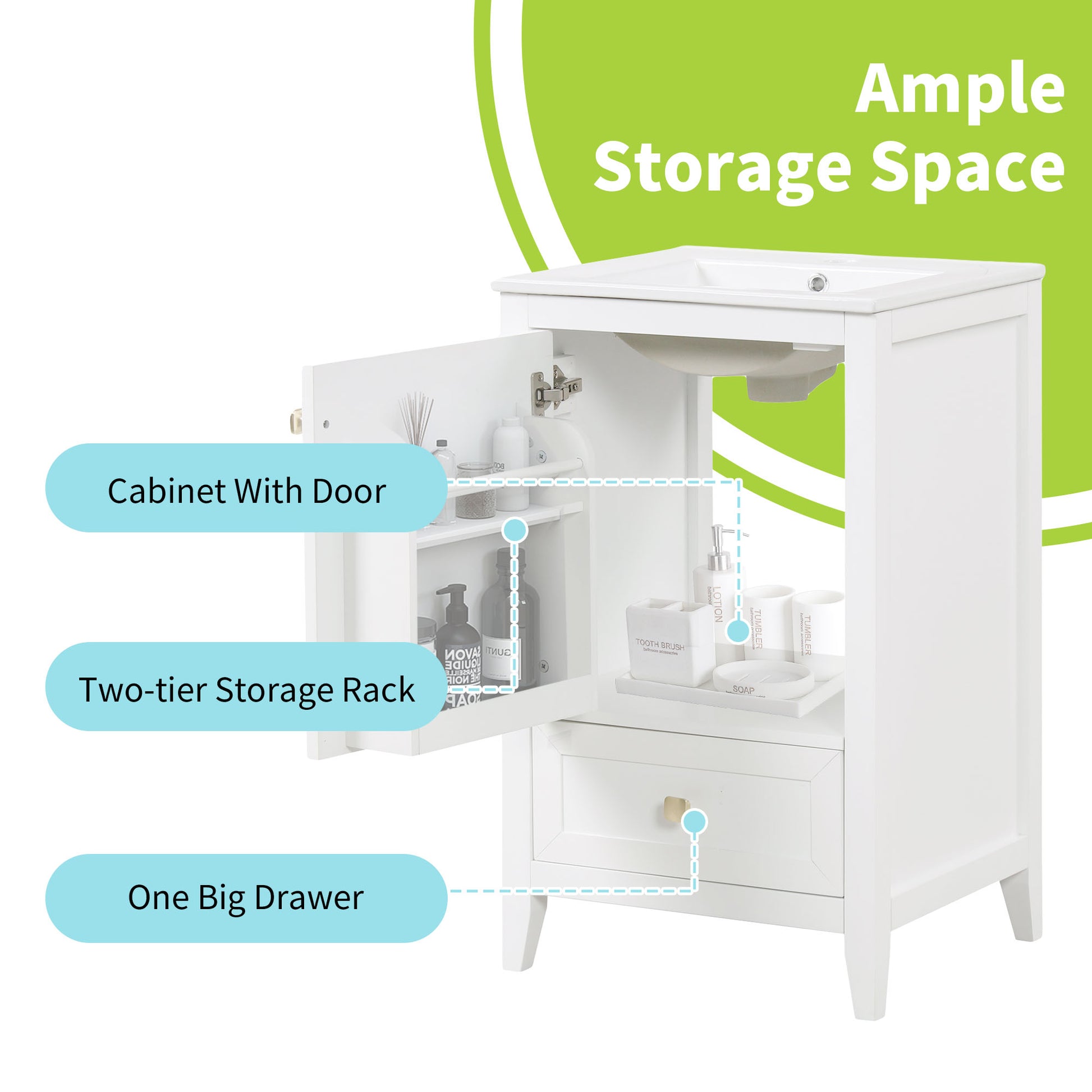 20" Bathroom Vanity With Sink, Bathroom Cabinet With Soft Closing Door, Storage Rack And A Drawer, White White Mdf