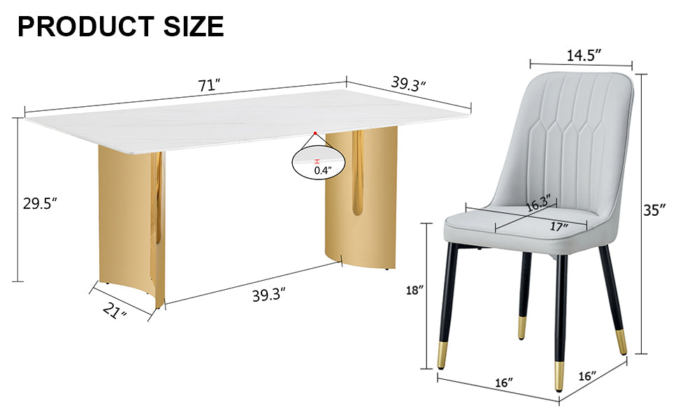 Table And Chair Set.The Table Has A Glass Top With Imitation Marble Pattern Stickers And Stainless Steel Golden Legs. Paried With Chairs With Pu Artificial Leather Backrest Cushions And Black Legs. White Gold Seats 8 Glass Metal