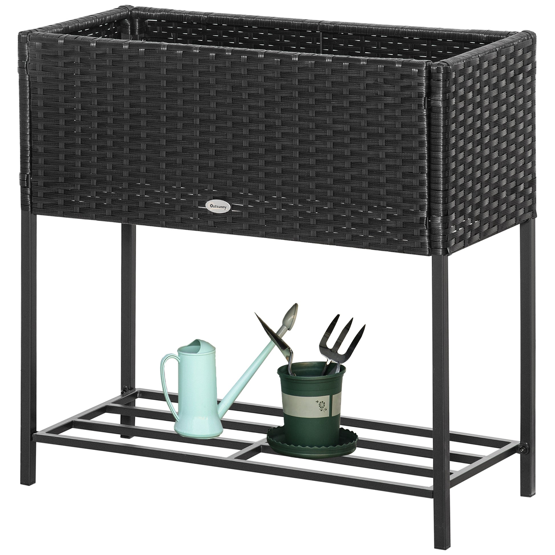 Outsunny Raised Garden Bed, Elevated Planter Box With Rattan Wicker Look, Tool Storage Shelf, Portable Design For Herbs, Vegetables, Flowers, Black Black Rattan