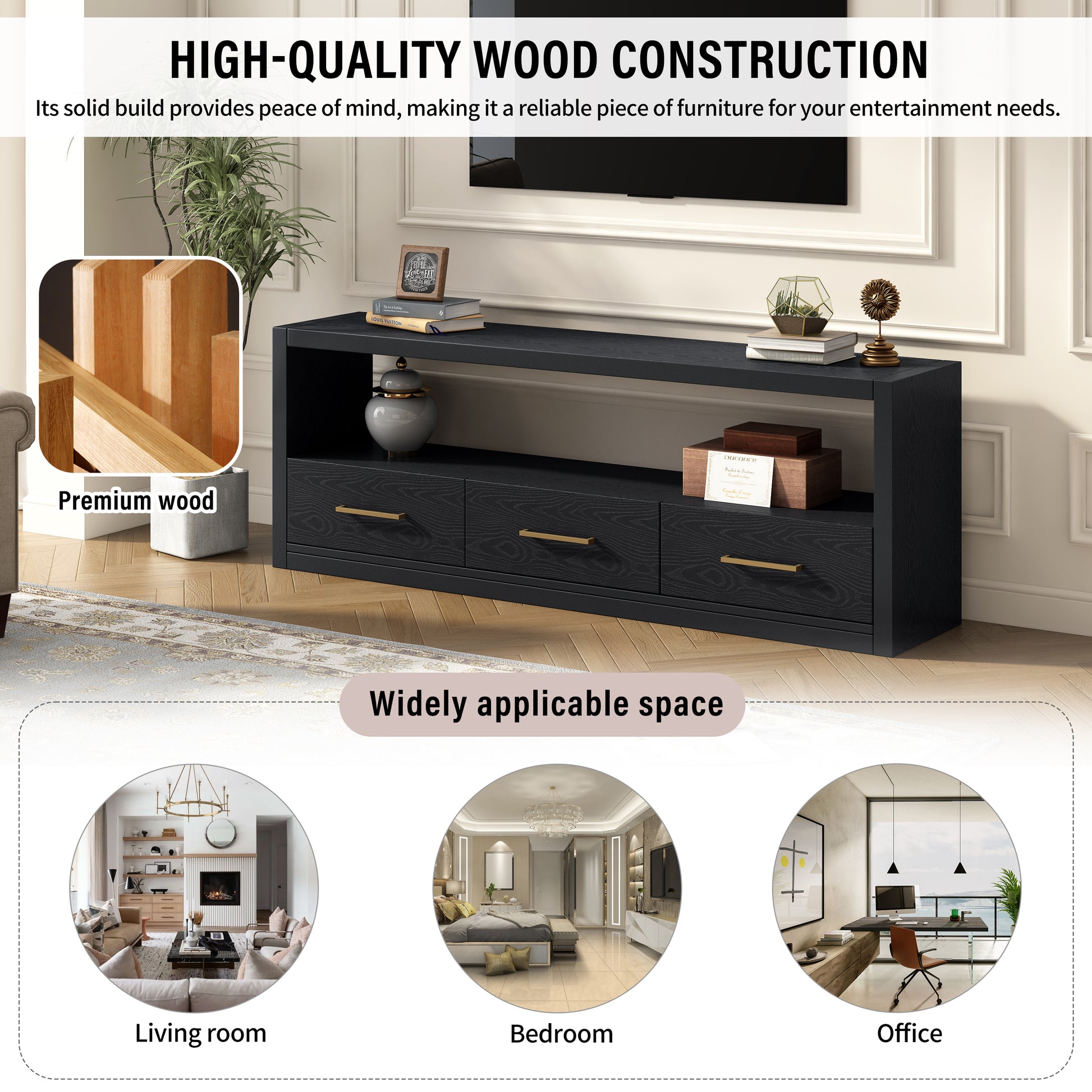 Mirod Stylish Tv Stand With Large Storage,Classic Design With Three Drawers And Spacious Surface,Minimalist Metal Handles,Versatile As Tv Console Or Side Cabinet Black 70 79 Inches Mdf