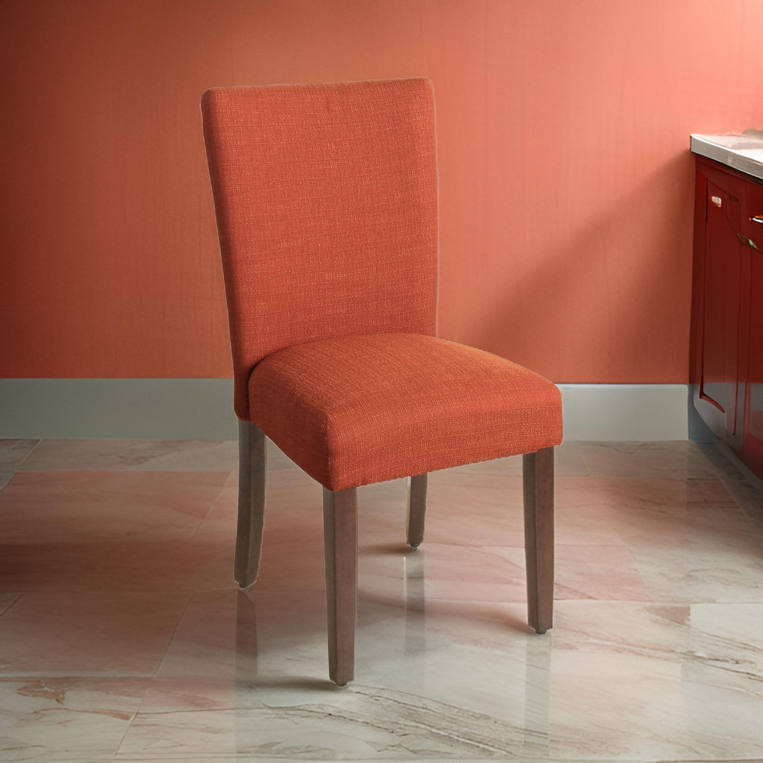 Fabric Upholstered Wooden Armless Parson Dining Chair, Orange And Brown Orange Wood Fabric