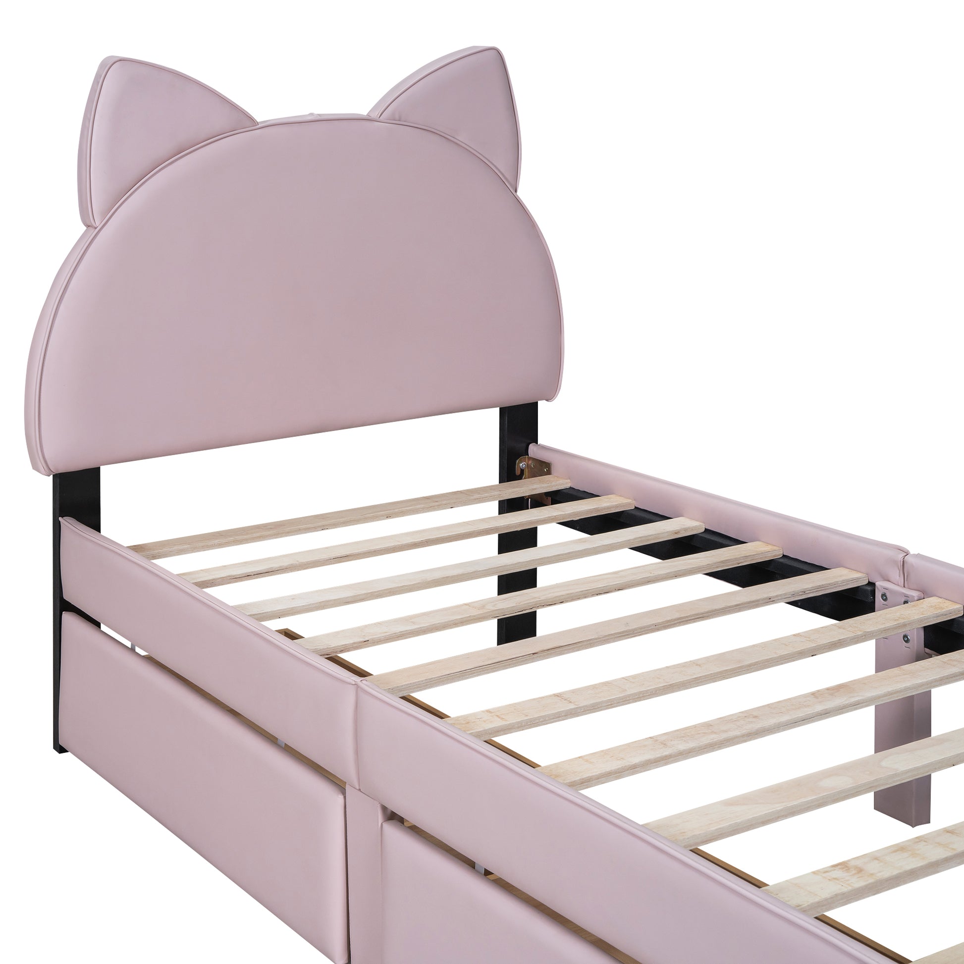 Twin Size Upholstered Platform Bed With Cartoon Ears Shaped Headboard And 2 Drawers, Pink Box Spring Not Required Twin Pink Wood Bedroom Bed Frame Faux Leather Upholstered