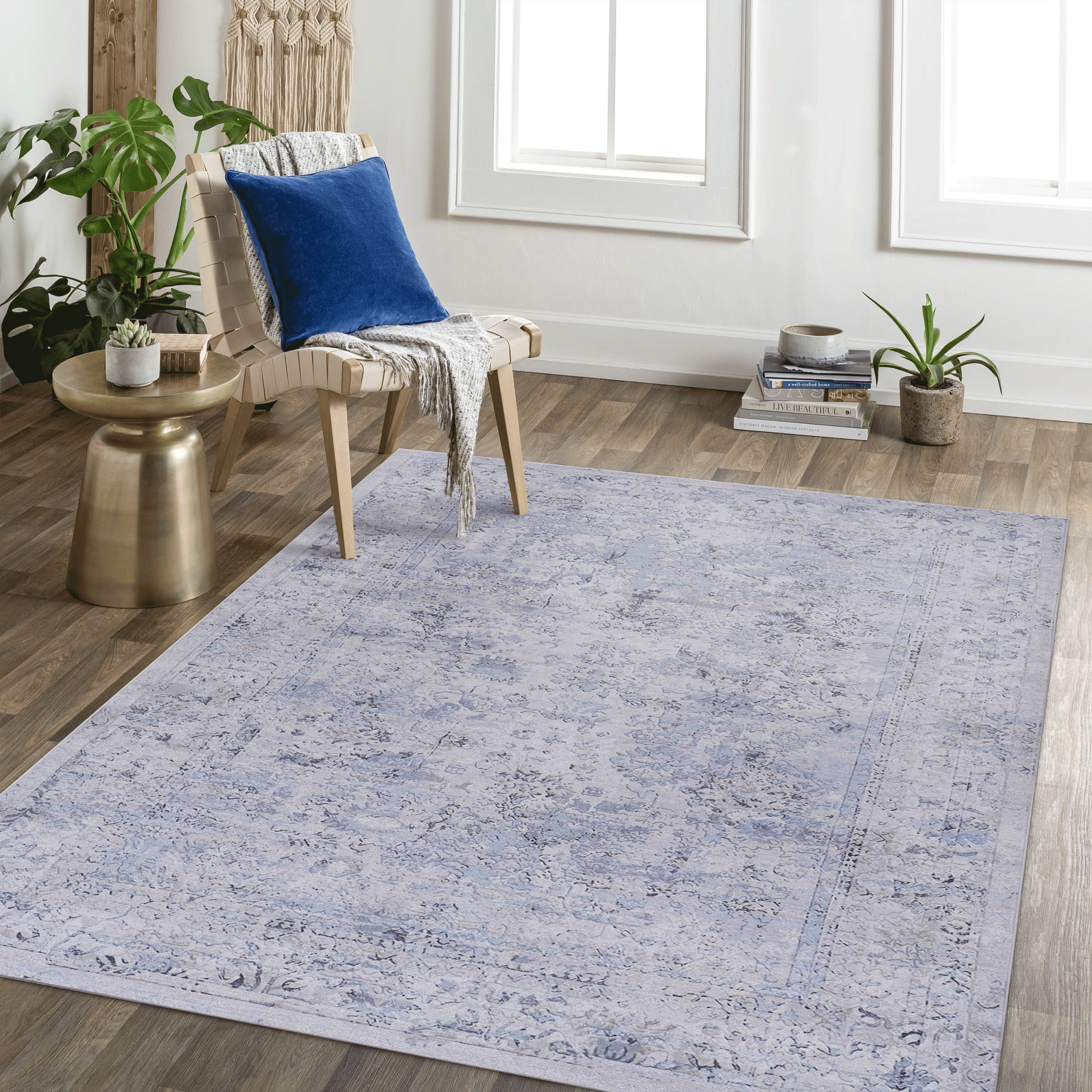 5X8 Area Rugs For Dining Room Rug, Washable Rug, Low Pile, Non Slip, Non Shedding, Foldable, Kid & Pet Friendly Area Rugs For Living Room, Bedroom, Kitchen, Dining Room, Blue Cream, 5' X 8' Blue Cream Chenille Polyester