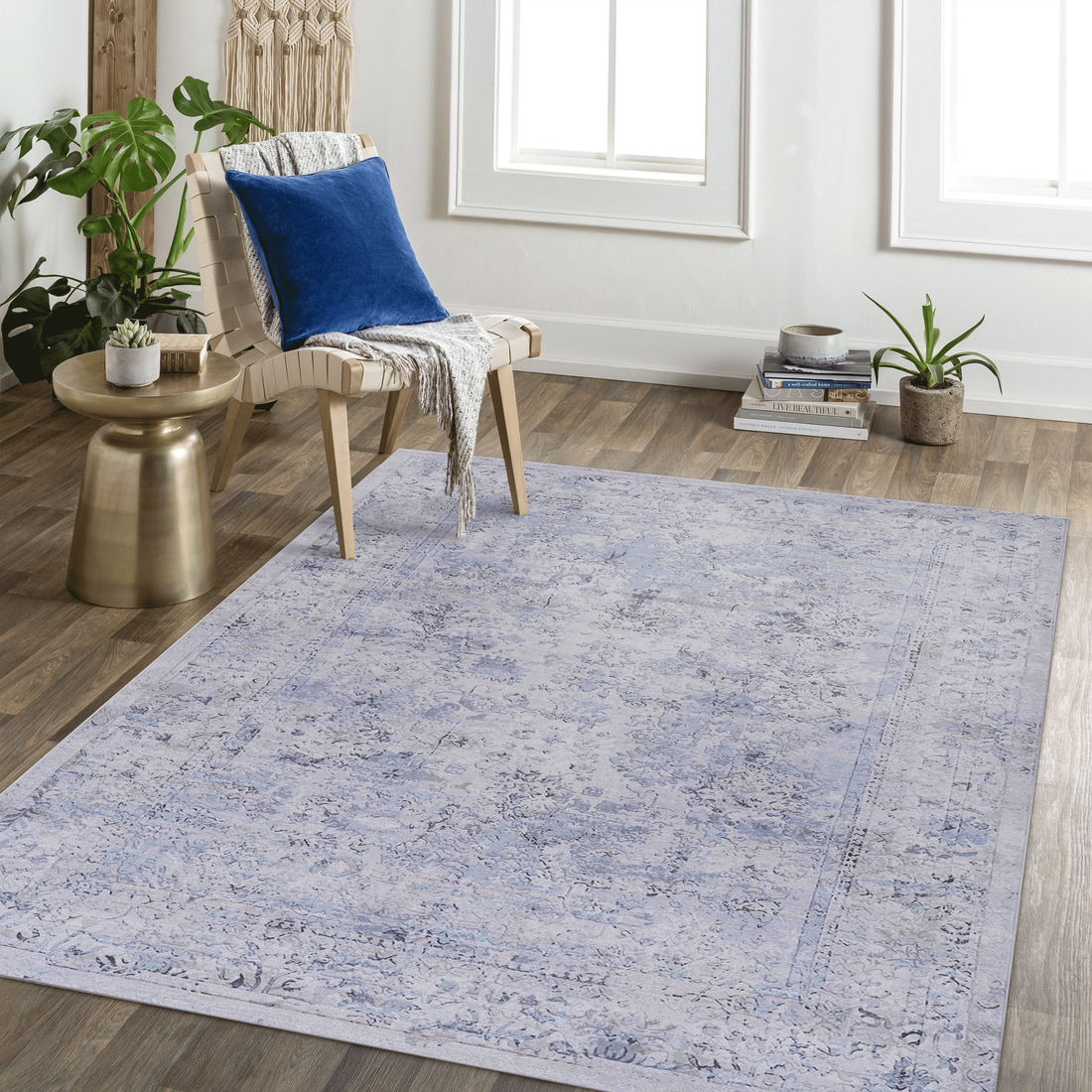 Area Rug 3X5, Washable Rug, Low Pile, Non Slip, Non Shedding, Foldable, Kid & Pet Friendly Area Rugs For Living Room, Bedroom, Kitchen, Dining Room Rug Perfect Gifts, Blue Cream, 3' X 5' Blue Cream Chenille Polyester