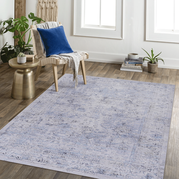 Area Rug 3X5, Washable Rug, Low Pile, Non Slip, Non Shedding, Foldable, Kid & Pet Friendly Area Rugs For Living Room, Bedroom, Kitchen, Dining Room Rug Perfect Gifts, Blue Cream, 3' X 5' Blue Cream Chenille Polyester
