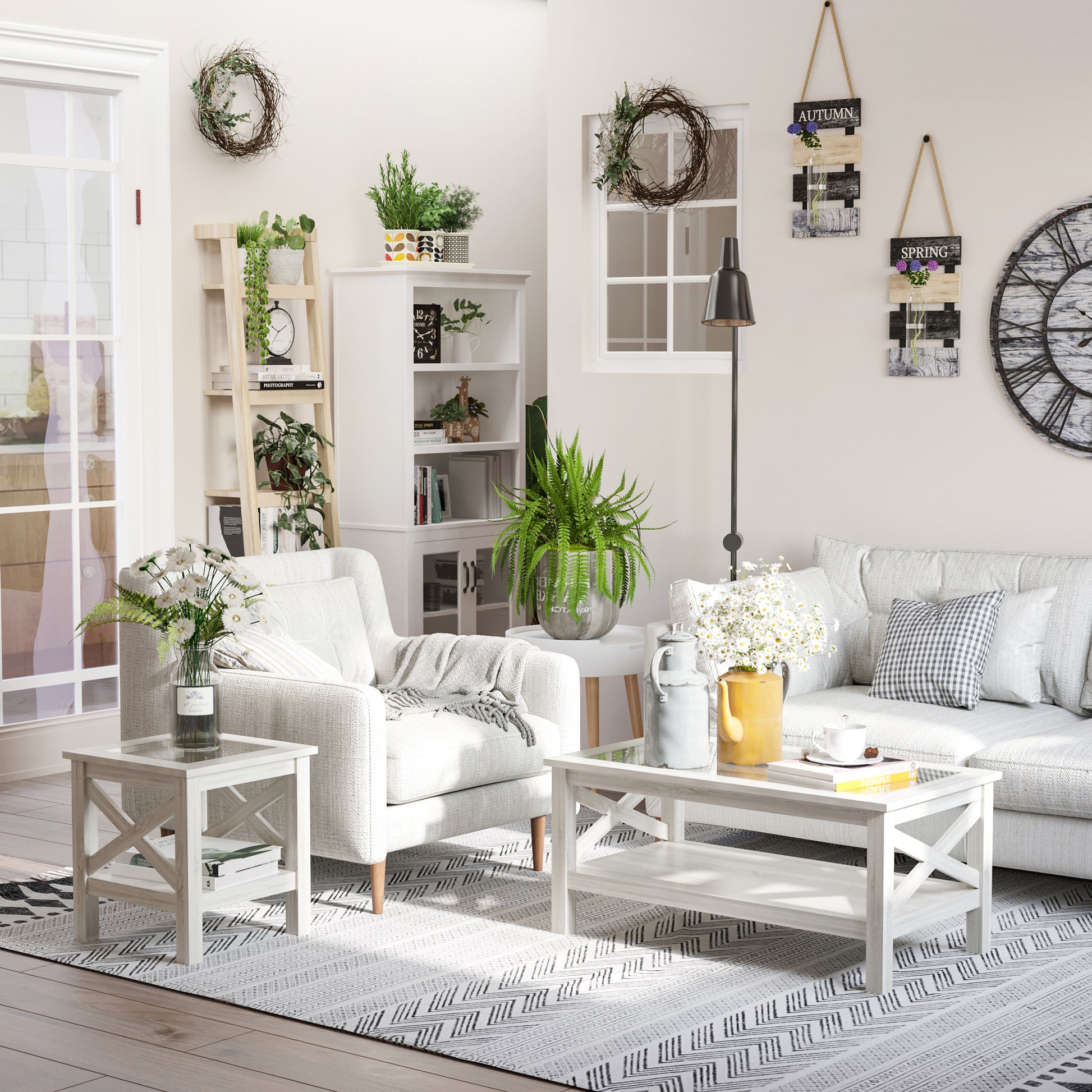 Homcom Farmhouse Style Coffee Table With Wood Frame, Tempered Glass Tabletop And Underneath Storage Shelf, Side Table For Living Room, 39.25"X21.75", White Oak White Oak Mdf