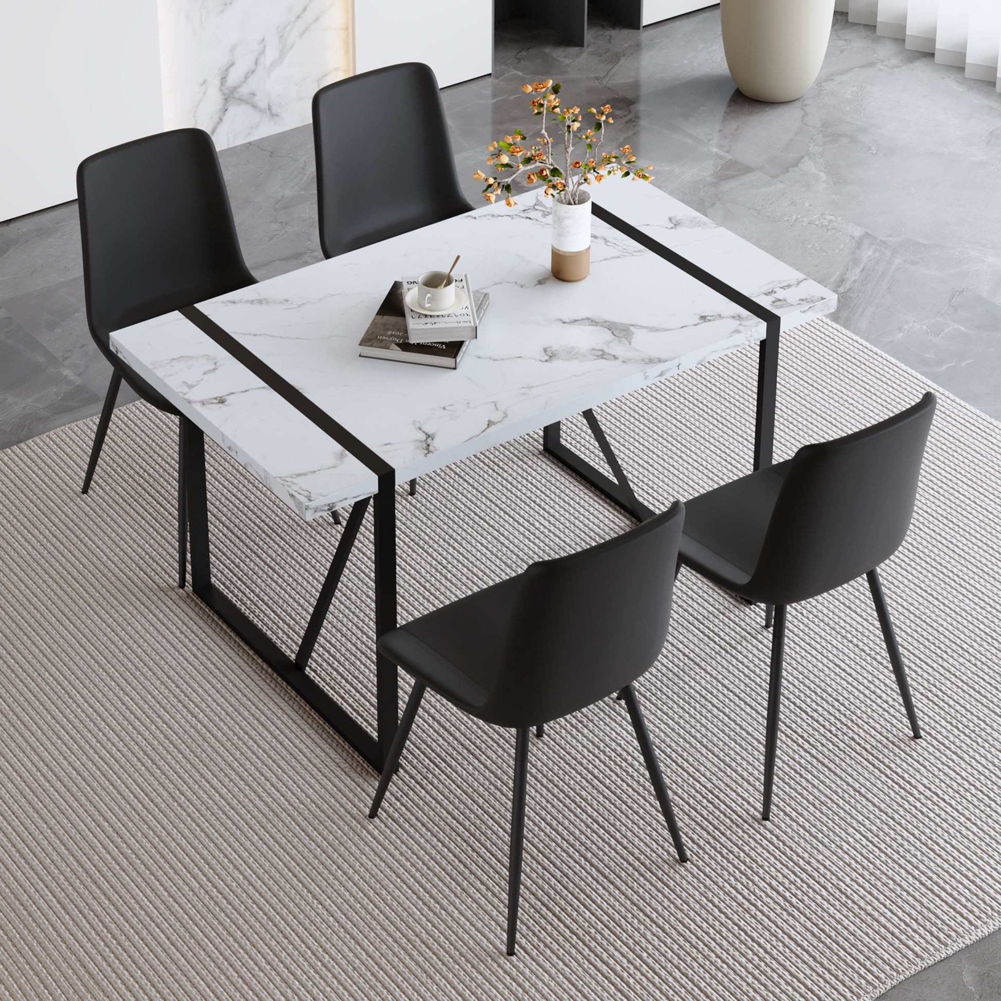 Table And Chair Set.A Modern Minimalist White Marble Veined Mdf Dining Table With Metal Frame.Paried With 4 Chairs With Pu Cushions And Black Metal Legs. Black,White Seats 4 Mdf Metal