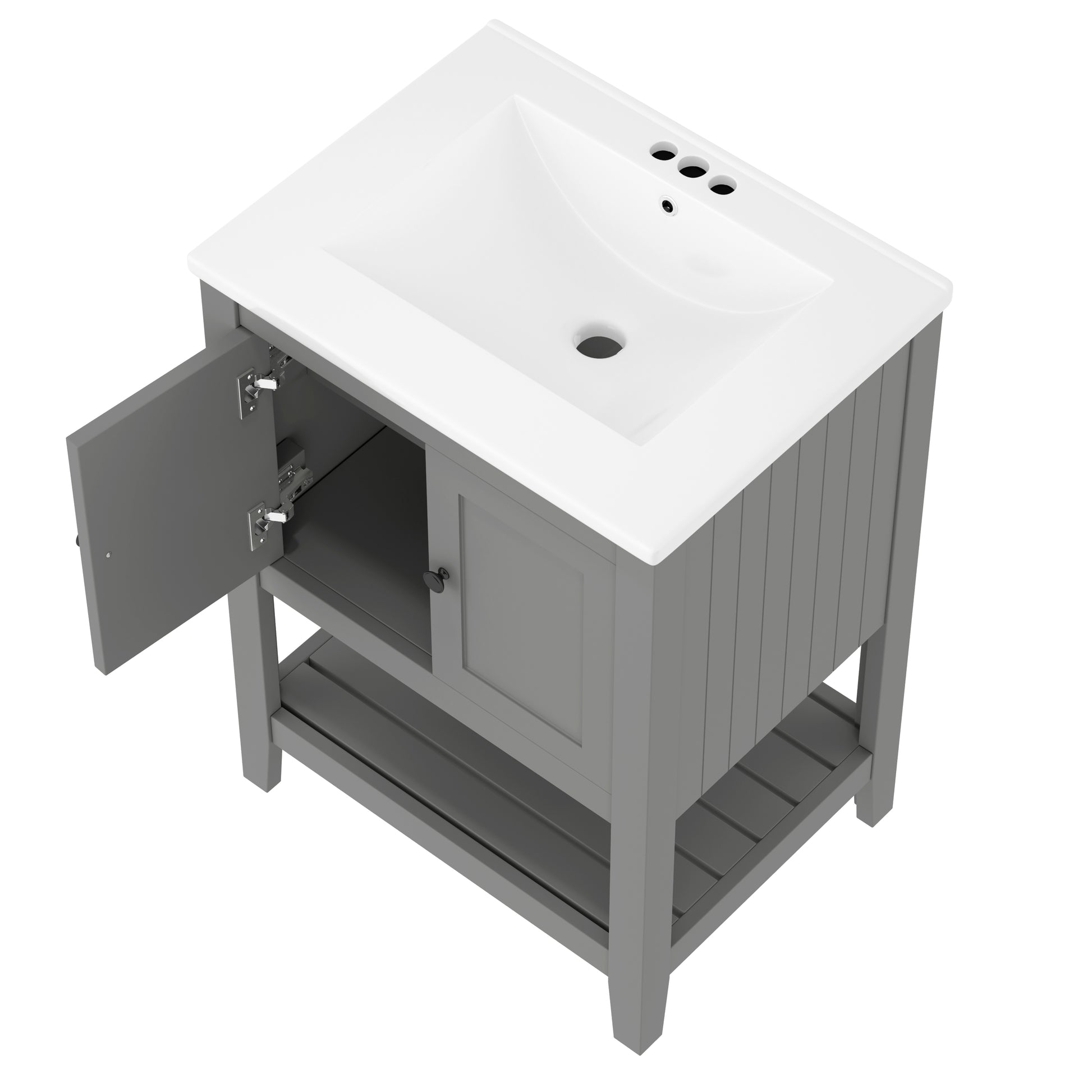 Video 24" Grey Modern Sleek Bathroom Vanity Elegant Ceramic Sink With Solid Wood Frame Open Style Shelf Grey Solid Wood