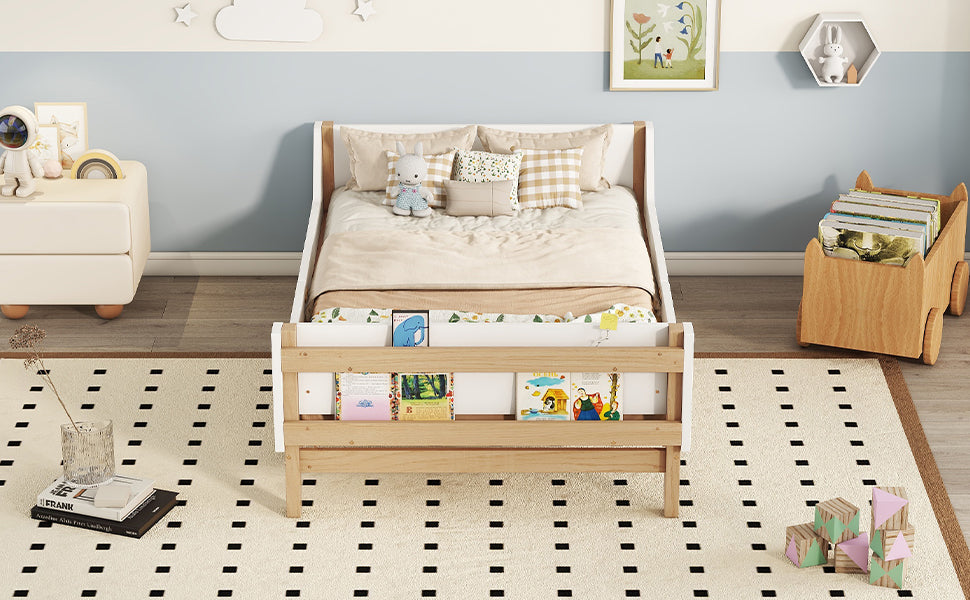 Twin Bed With Headboard, Footboard, Safeguards, Built In Bed End Book Storage Rack ,White Twin White American Design Pine