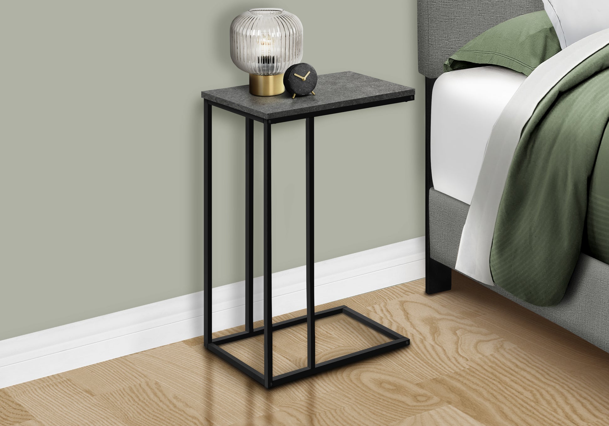 Accent Table, C Shaped, End, Side, Snack, Living Room, Bedroom, Grey Laminate, Black Metal, Contemporary, Modern Grey Particle Board