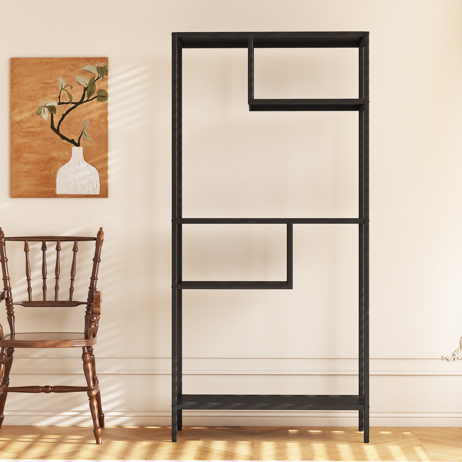 Modern Storage Shelf With 4 Compartments & Metal Legs, Freestanding Organizer,Book Shelves Display Shelves For Living Room, Bedroom, Home Office 4 Black Standard Primary Living Space Open Back Metal