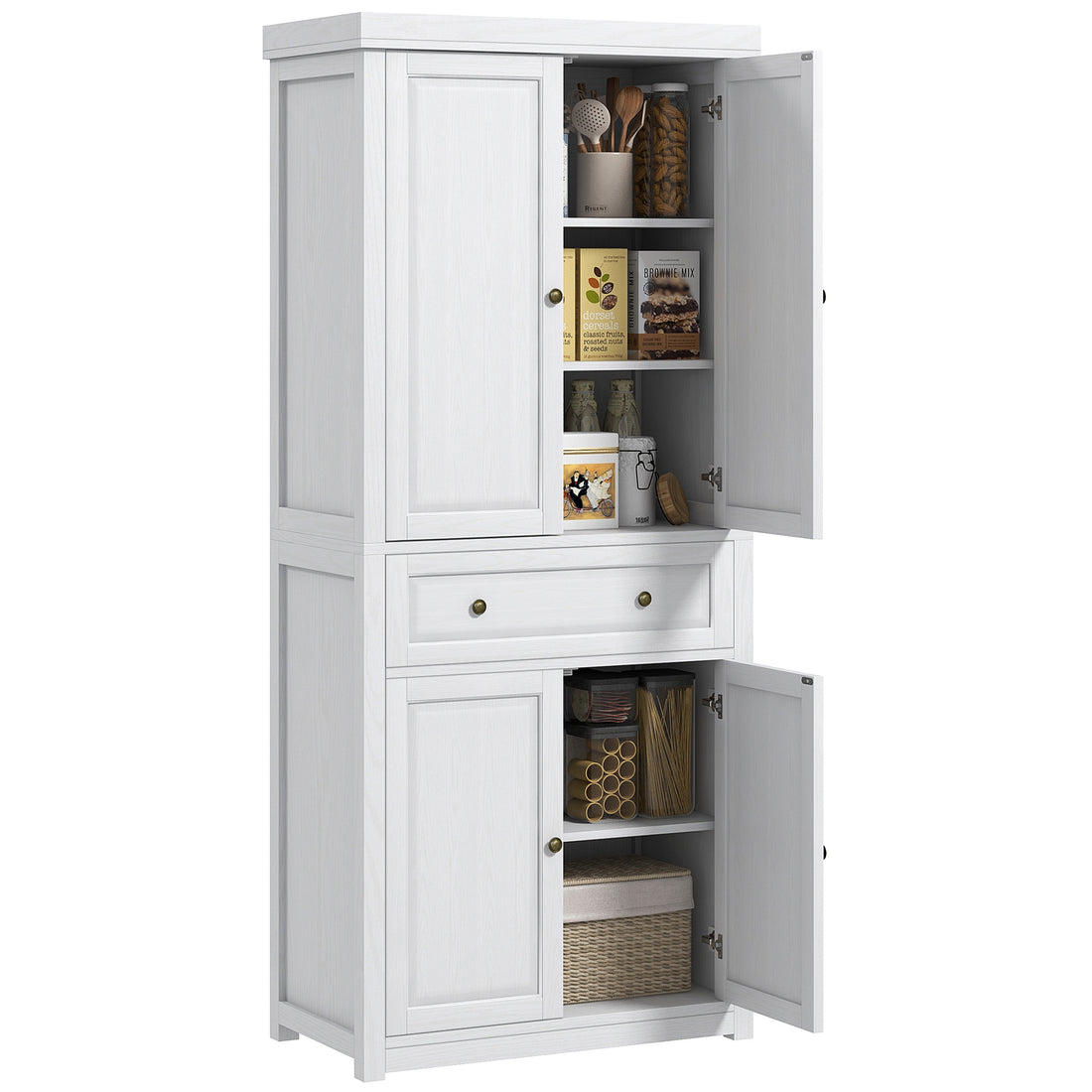 Homcom 72.5" Tall Farmhouse Kitchen Pantry Storage Cabinet, Freestanding Kitchen Cabinet With 4 Doors, Drawer And Adjustable Shelves For Dining Room, Distressed White White Mdf