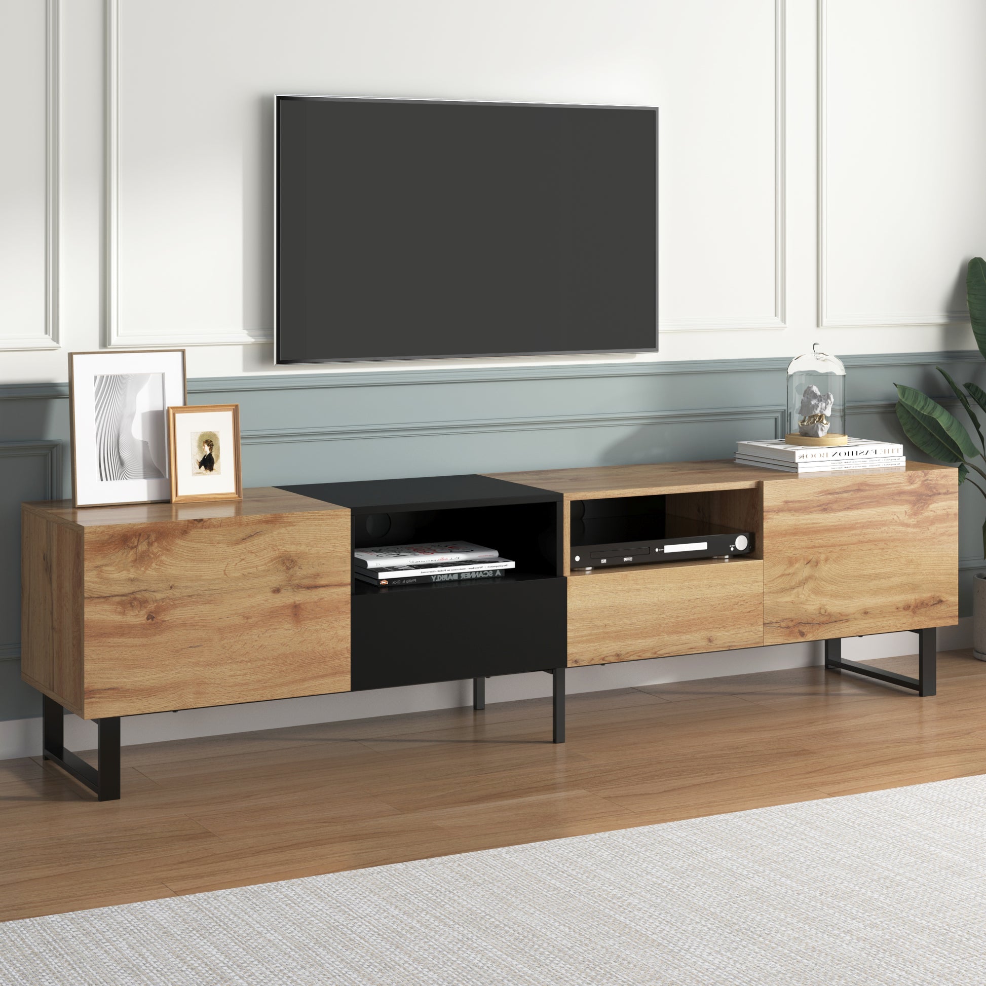 Modern Tv Stand With 2 Cabinets& Open Storage Compartment, Color Matching Media Console Table For Tvs Up To 85'', Entertainment Center With Drop Down Door For Living Room, Bedroom, Home Theatre Wood Brown Primary Living Space 70 79 Inches 90 Inches Or