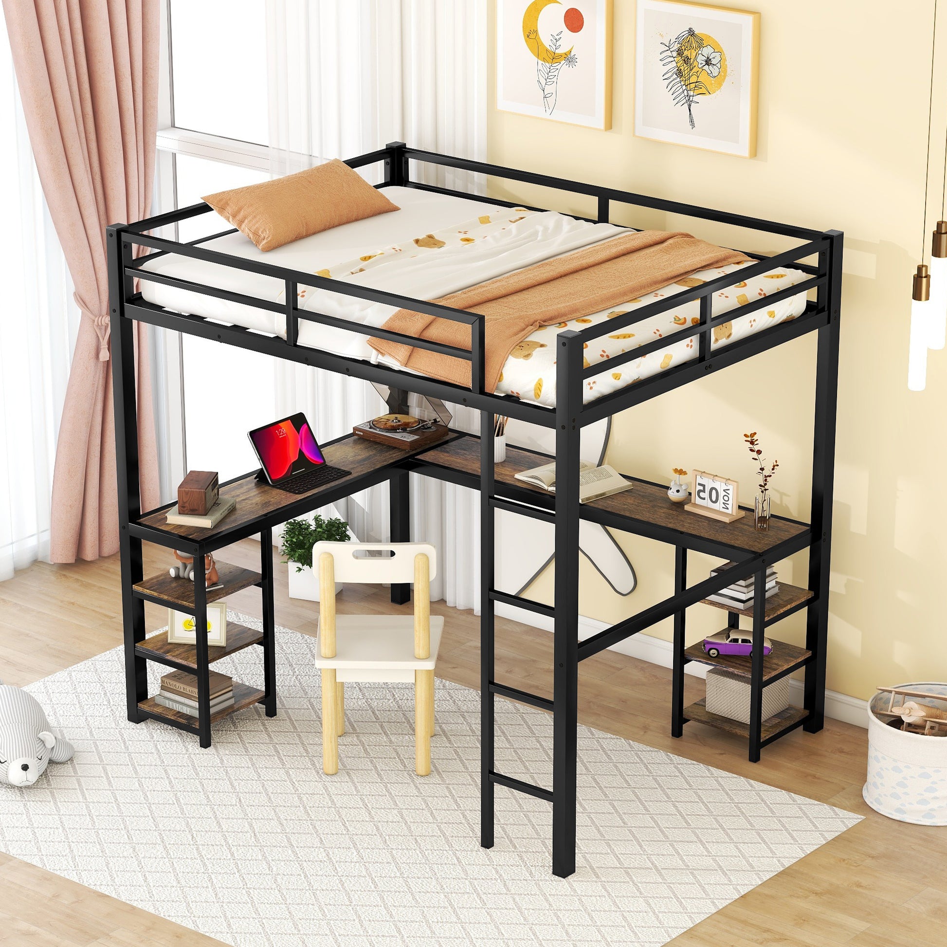 Full Metal Loft Bed With Desk And Shelves, Loft Bed With Ladder And Guardrails, Loft Bed Frame For Bedroom, Black With Vintage Wood Colored Desk Old Sku: W1307S00022 Full Black Metal