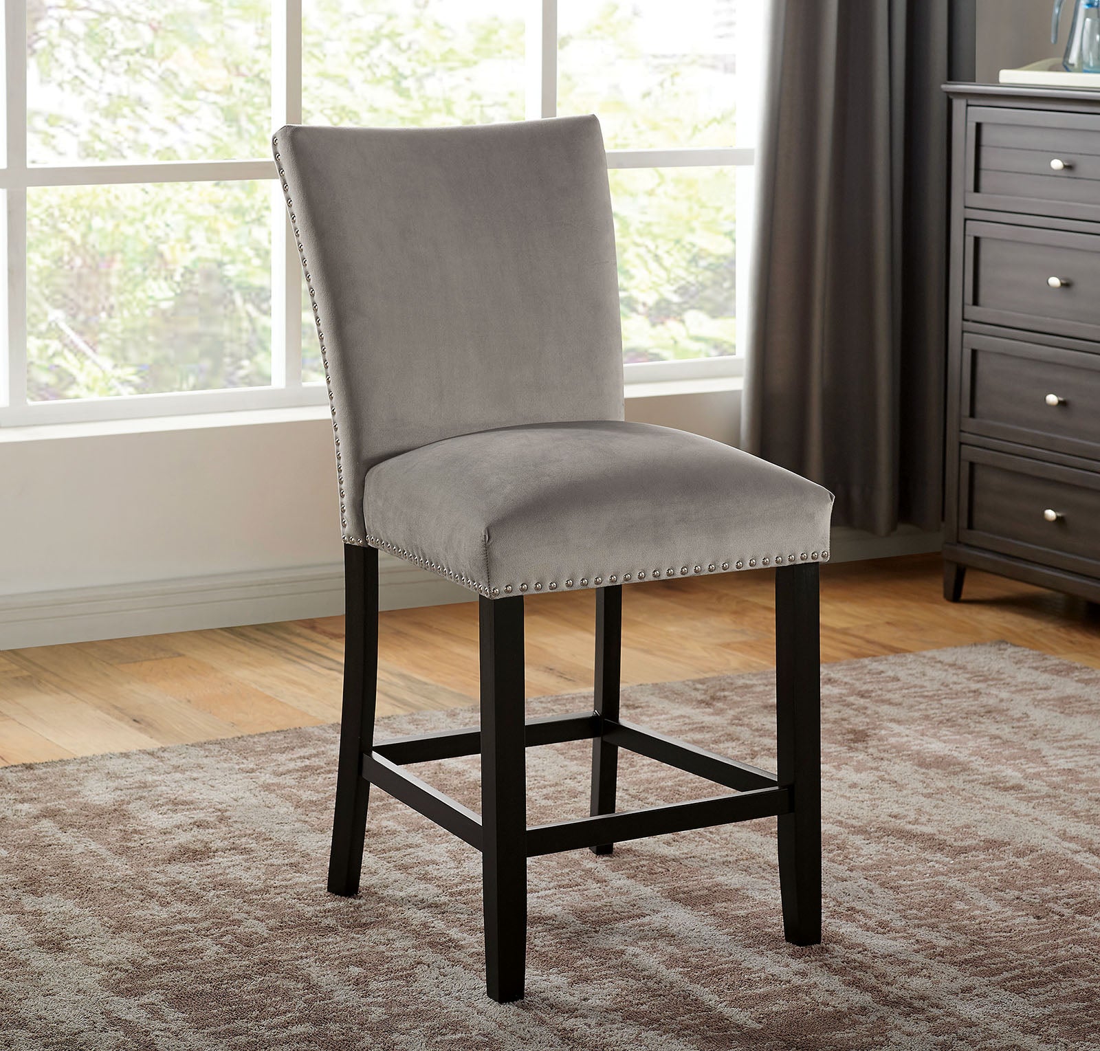 Attractive Set Of 2Pc Counter Height Chairs Dining Room Furniture Gray Flannelette Seat Trim Kitchen Breakfast Black,Light Gray Dining Room Modern,Transitional Dining Chairs Rubberwood Solid Back