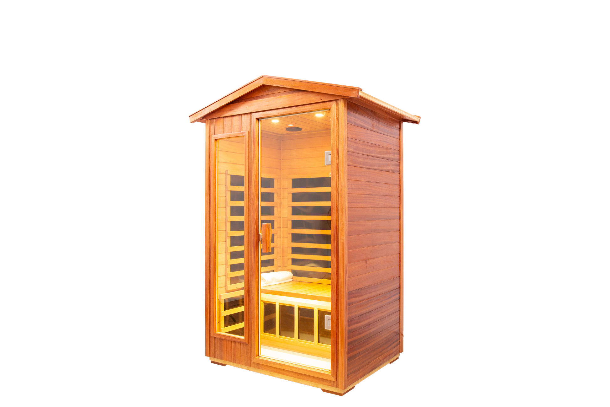 Two Person Far Infrared Khaya Wood Outdoor Sauna Room Left & Right Natural Wood Wood Stainless Steel