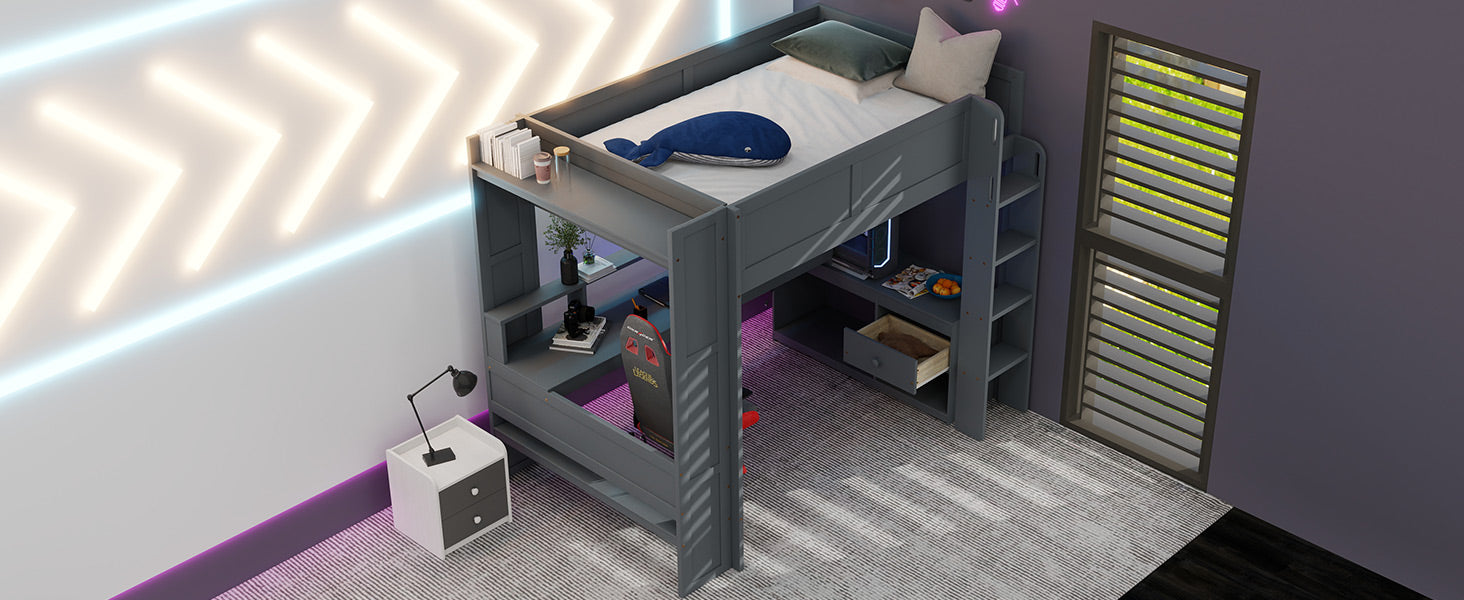 Wood Full Size Gaming Loft Bed With Desk, Multi Storage Shelves, Led And Charging Station, Dark Gray Box Spring Not Required Full Dark Gray Wood Bedroom Bed Frame Solid Wood Mdf