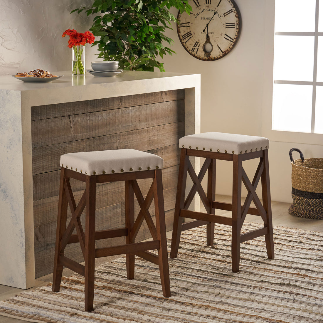 Saddle Barstool Beige Rubber Wood