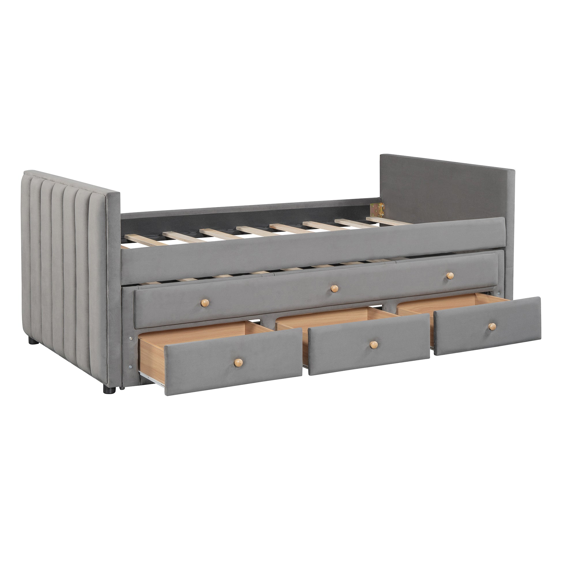 Twin Size Upholstered Daybed With Twin Size Trundle And Drawers, Velvet, Gray Box Spring Not Required Twin Gray Velvet