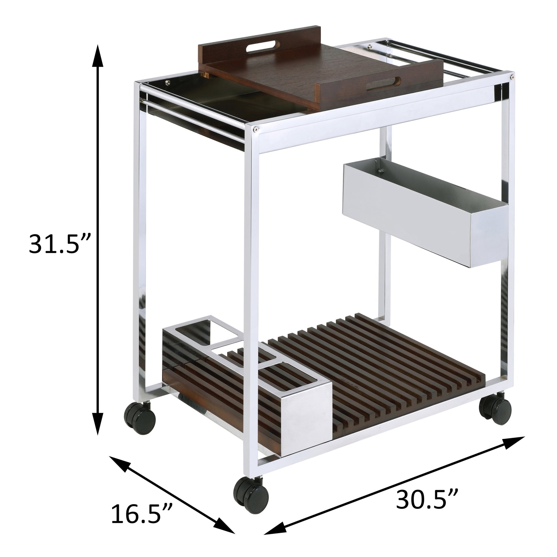 Chrome And Brown Serving Cart With Stemware Shelf Brown Dining Room Rectangular Kitchen Carts Wood Metal