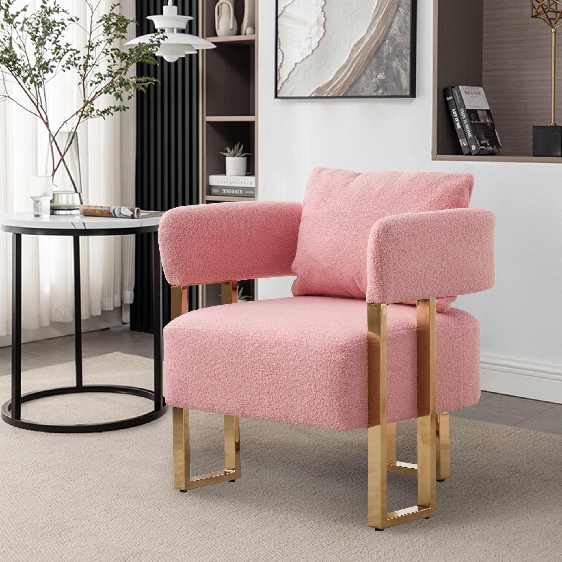 Ts Modern Decorative Chair, Living Room Side Chair With Gold Metal Legs, No Wheels, Suitable For Dressing Area, Reception Room, Office,Teddy Fleece Upholstered Metal Foot Sofas 2Pcs Pink Pink Teddy