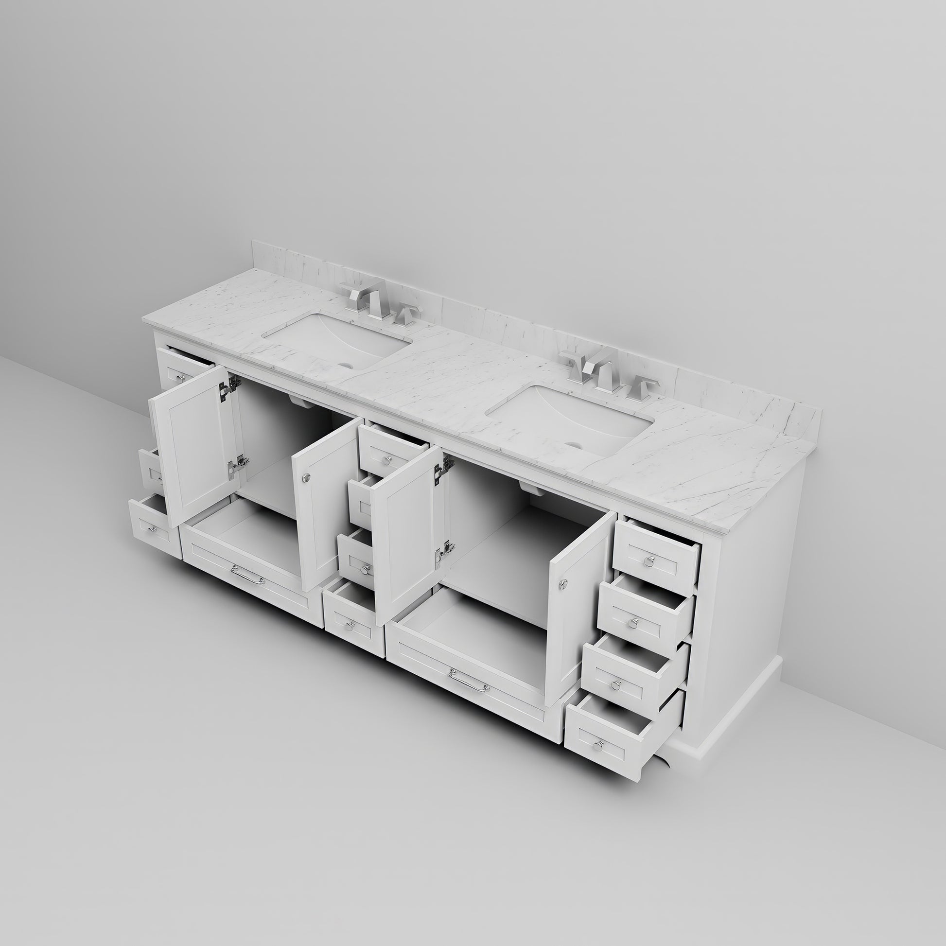 White Double Bath Vanity 84 In. W X 22 In. D, Carrara Marble Top, And Faucet Set White Plywood Wood