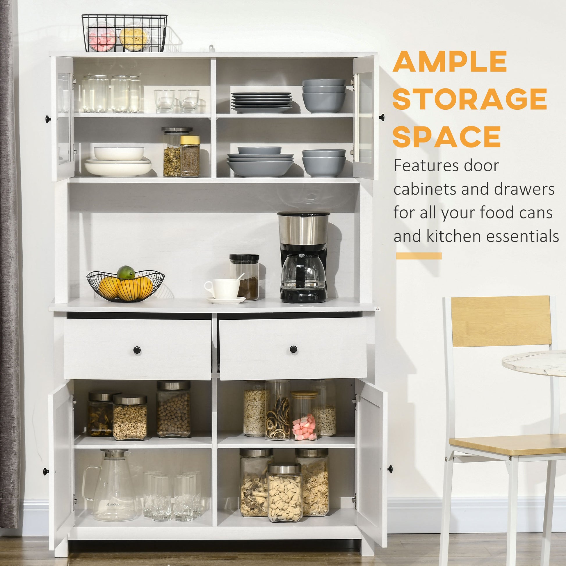 Homcom 63.5" Kitchen Buffet With Hutch, Pantry Storage Cabinet With 4 Shelves, Drawers, Framed Glass Doors, Open Microwave Countertop, Antique White Antique White Wood