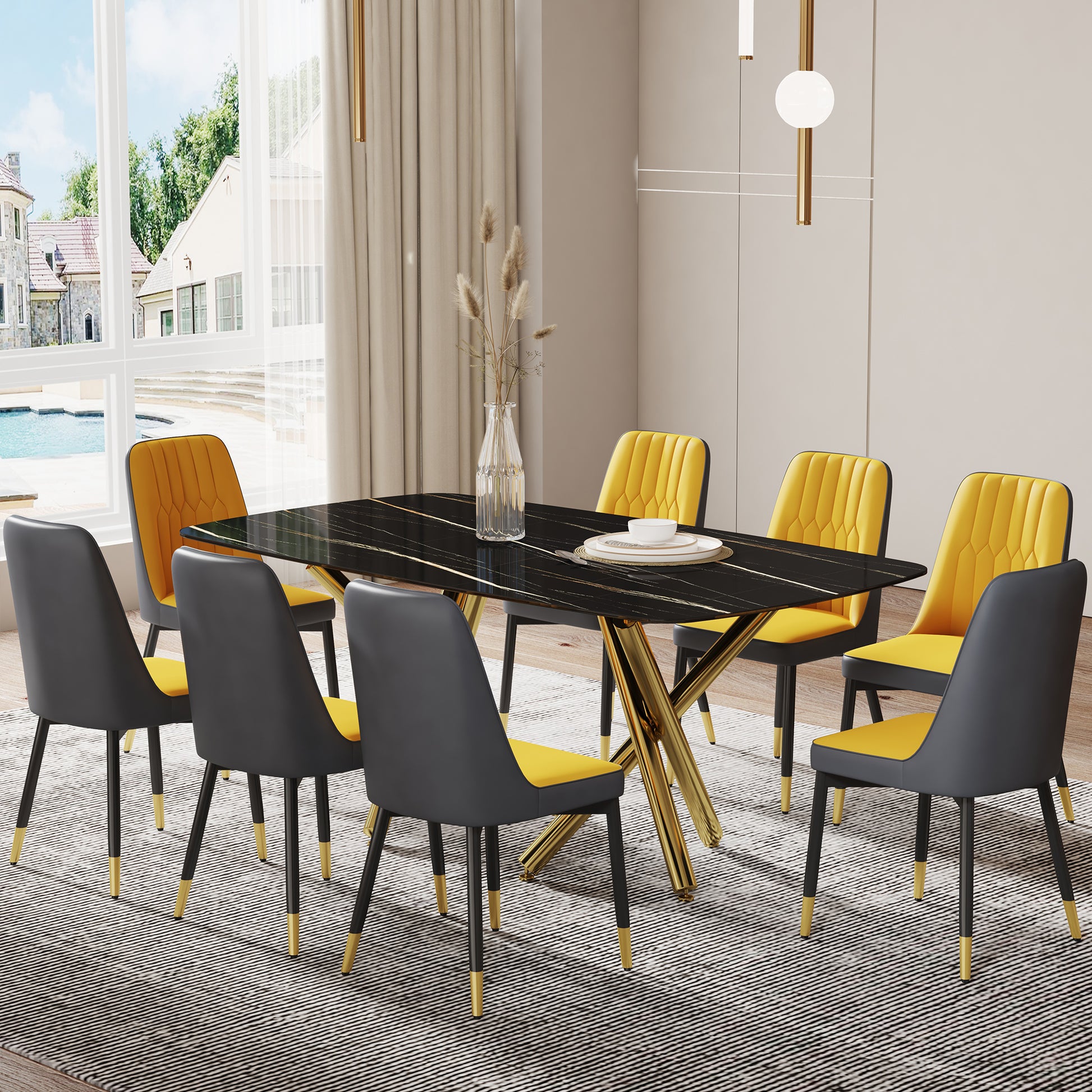 Large Modern Minimalist Rectangular Dining Table With 0.39 "Imitation Marble Black Desktop And Gold Metal Legs, Paired With 8 Chairs With Pu Cushions And Black Metal Legs.F 1538 C 007 Black Gold