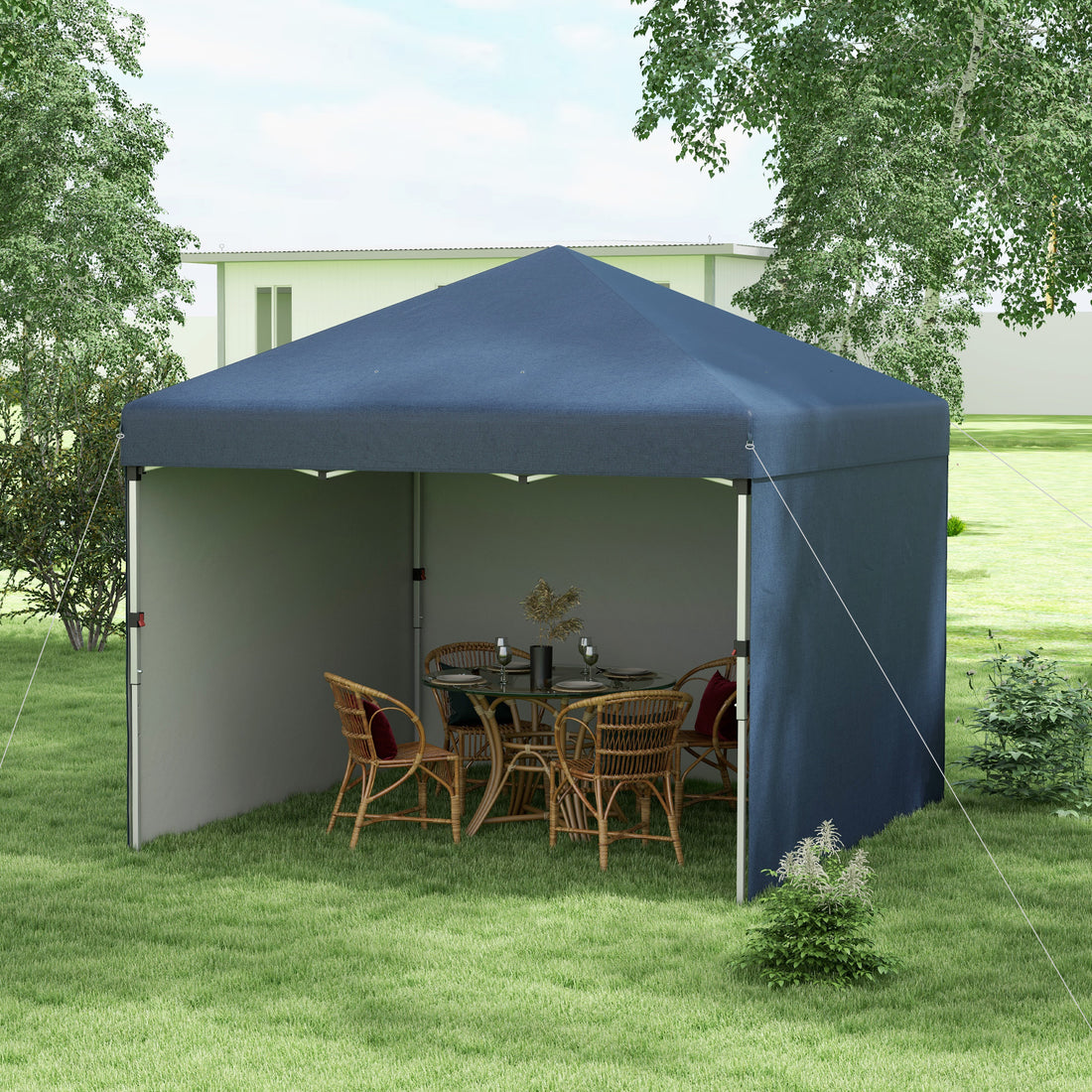 Outsunny 10' X 10' Pop Up Canopy Tent With 3 Sidewalls, Leg Weight Bags And Carry Bag, Height Adjustable, Instant Party Tent Event Shelter Gazebo For Garden, Patio, Navy Blue Blue Steel