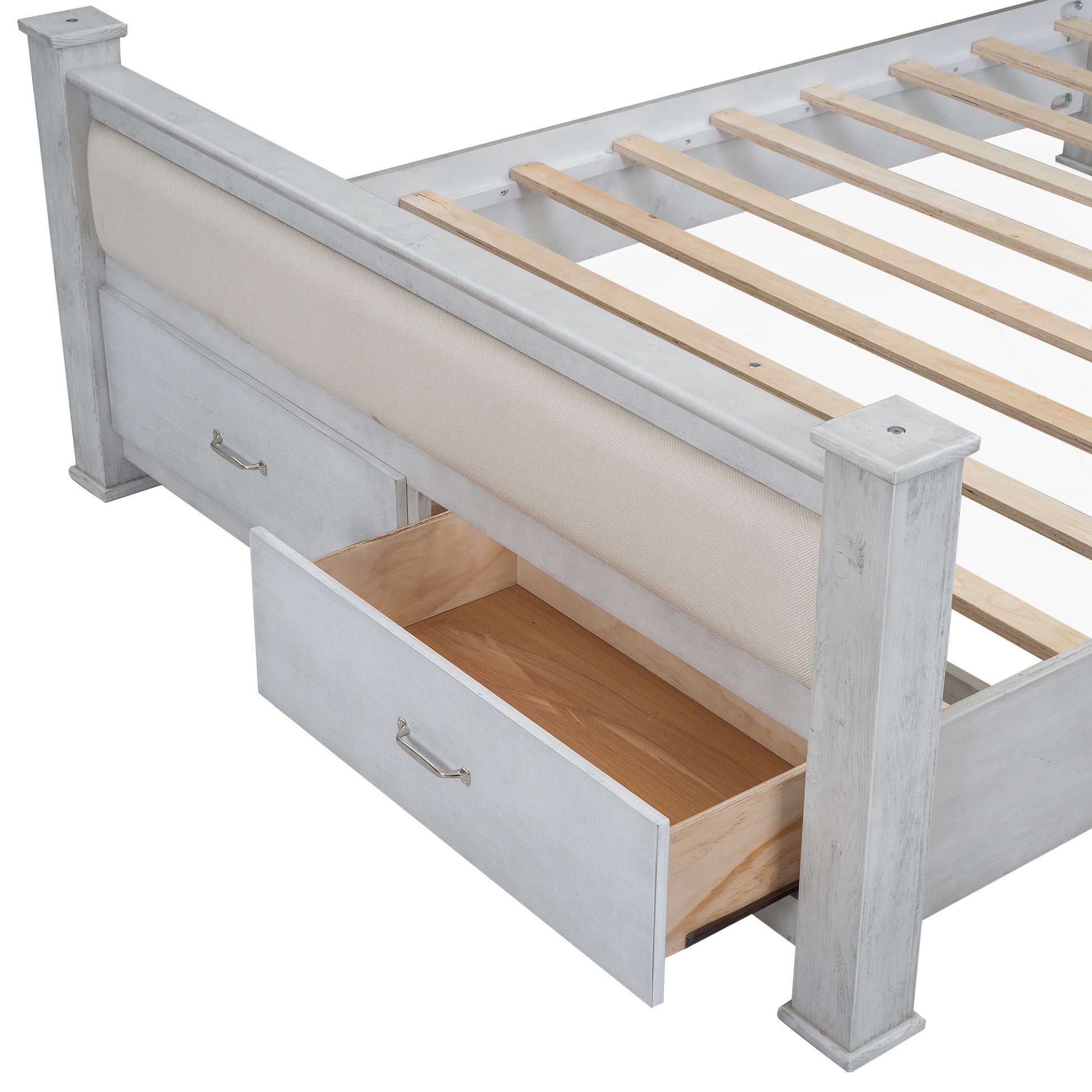 Queen Size Wood Frame Platform Bed With Upholstered Headboard, Footboard And 2 Drawers, Antique White Box Spring Not Required Queen Antique White Wood Bed Frame Solid Wood Mdf