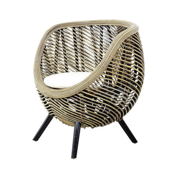 27 Inch Accent Chair, Rattan Frame, Curved Round Silhouette, Brown, Black Brown Black Wood