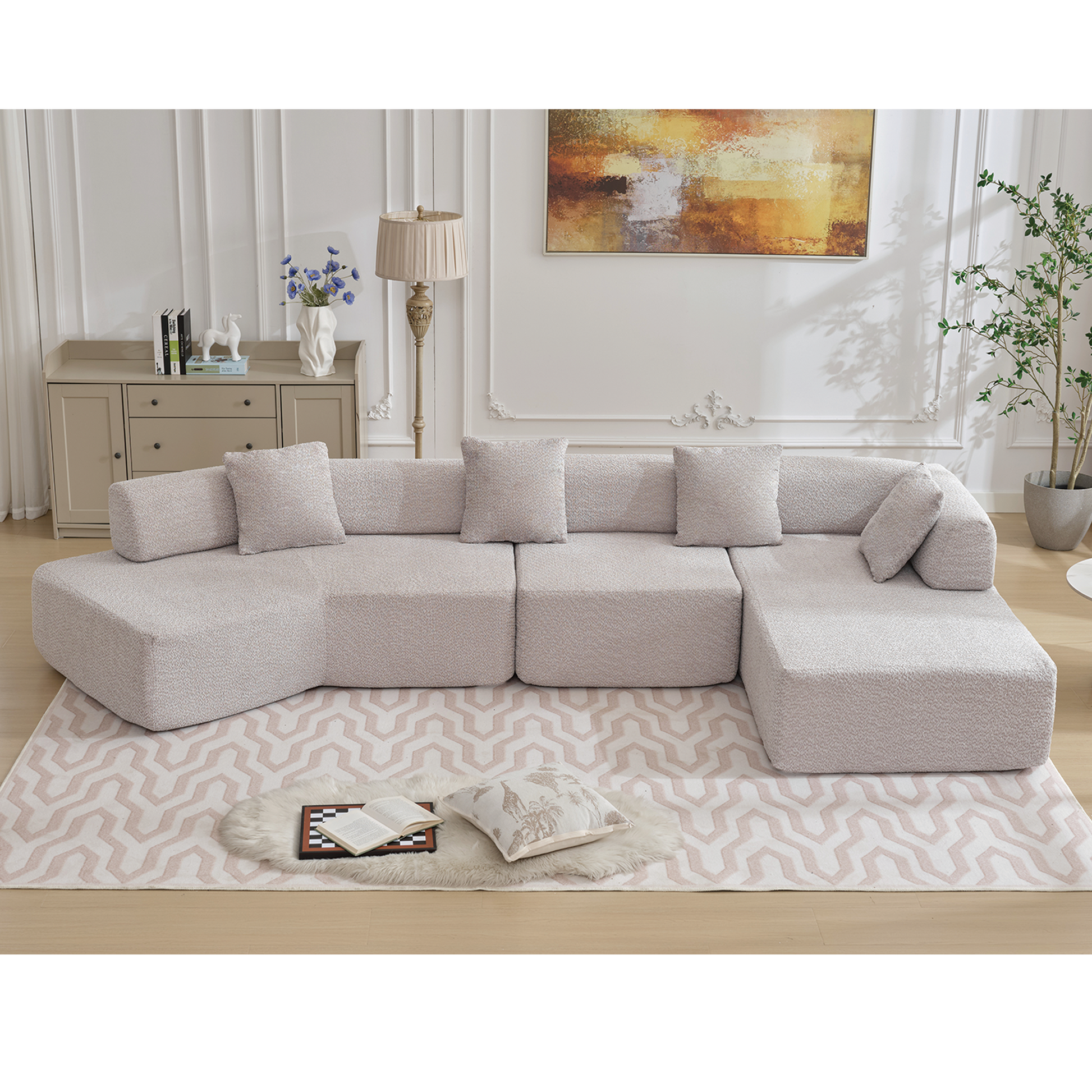 Arrived Modern Minimalist 140" L Shape Couch ,No Assembly Required,Boucle,Modular Sofa ,Couch With Chaise,Free Combination Foam Filled Sofa, 4 Seats, Gray Gray Polyester Primary Living Space Soft Modern Foam Polyester 4 Seat
