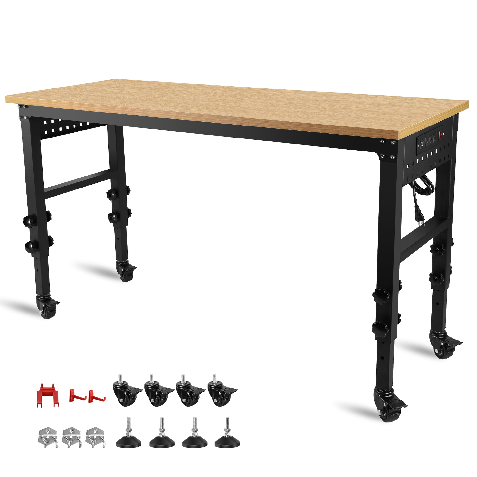 60" 24'' Adjustable Workbench, Rolling Heavy Duty Worktable With Power Outlet And Wheels, Large Load Capacity Rubber Wood Top Workbench For Garage, Office, Workshop, Home, Easy Assembly Black Steel