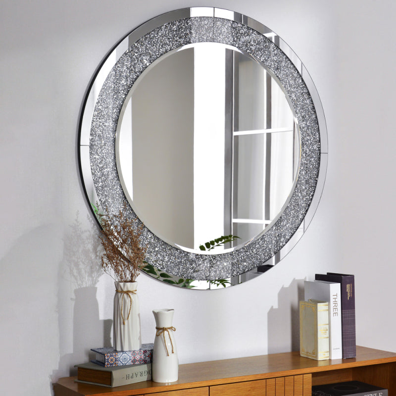 31.5" Crushed Diamond Decor Round Wall Mirror Silver Art Deco,Modern Mdf Glass,Mirror