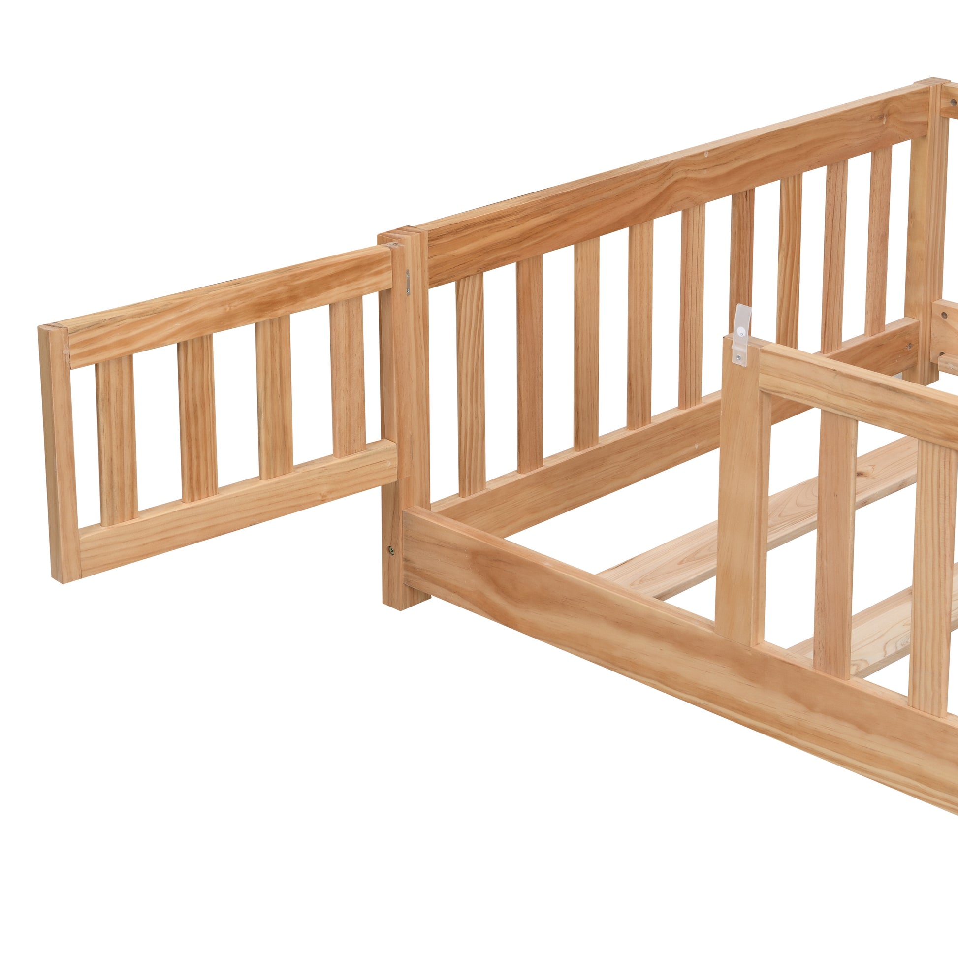 Full Size Floor Bed With Door,Solid Wood Platform Bed Frame With Fence,Suitable For Children,Pine Wood,Natural Full Natural Wood