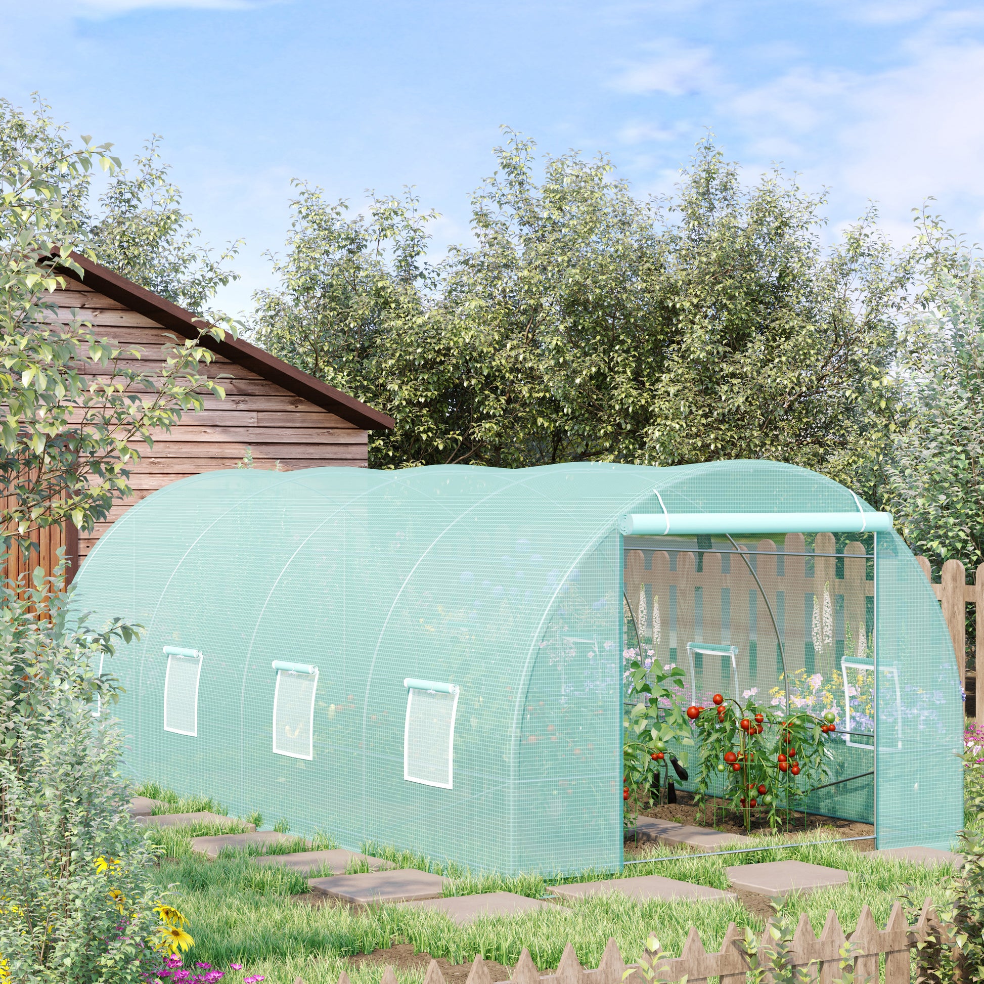 Outsunny 20' X 10' X 7' Walk In Tunnel Greenhouse, Garden Warm House, Large Hot House Kit With 8 Roll Up Windows & Roll Up Door, Steel Frame, Green Green Steel