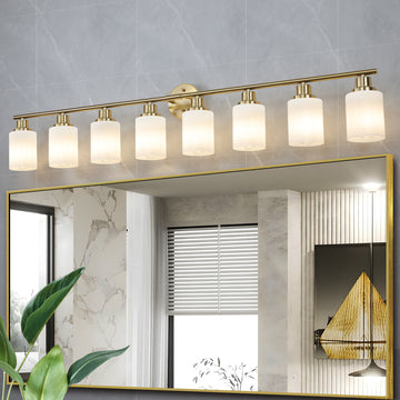 8 Light Golden Bathroom Vanity Light Fixture, Frosted Glass Shades, Modern Wall Mounted Lighting No Bulbs Golden Glass,Iron