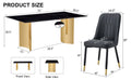 Table And Chair Set.The Table Has A Glass Top With Imitation Marble Pattern Stickers And Stainless Steel Golden Legs. Paried With Chairs With Pu Artificial Leather Backrest Cushions And Black Legs. Black Gold Seats 8 Glass Metal
