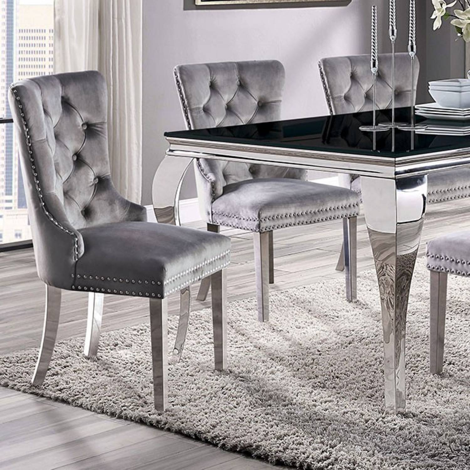 Contemporary Gray Flannelette 2Pcs Side Chairs Button Tufted Upholstered Dining Chairs Wingback Design Furniture Set Gray Dining Room Classic,Contemporary,Luxury Side Chair Tufted Back Set Of 2 Chrome