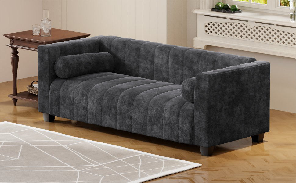 78.7''Upholstered Sofa For Living Room, Bedroom, Salon, Simplified Style Dark Gray Polyester 3 Seat