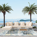 8 Piece Patio Sectional Sofa Set With Tempered Glass Coffee Table And Wooden Coffee Table For Outdoor Oasis, Garden, Patio And Poolside Beige Cushion White Steel Beige Iron