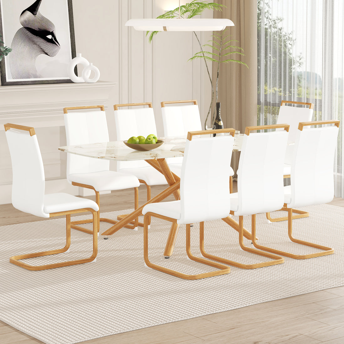 Table And Chair Set, Large Modern Minimalist Rectangular Dining Table, 0.39 Inch Imitation Marble Countertop, Wood Metal Table Legs, Comfortable And Soft Seats. Wood Glass Metal