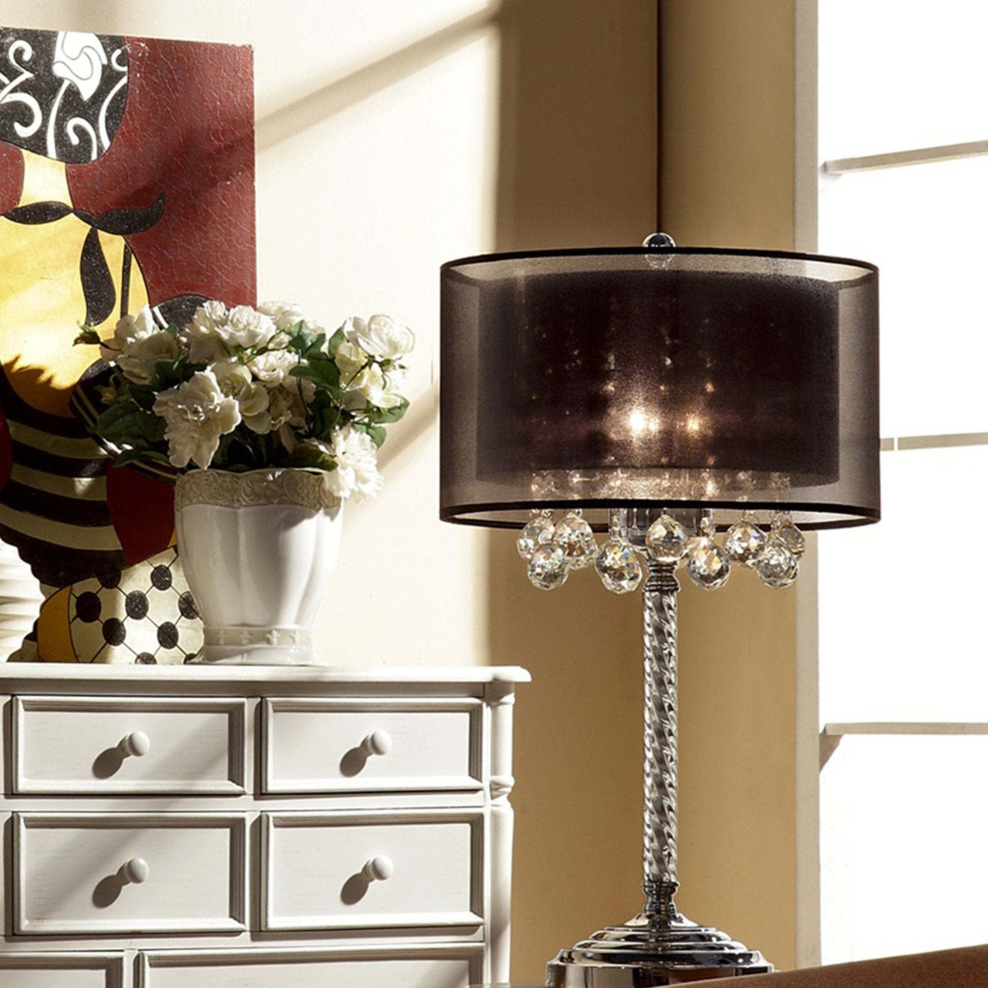 30" Tall Table Lamp "Effleurer", Silver Finish And Crystal Accents, Black Shade Multicolor Metal