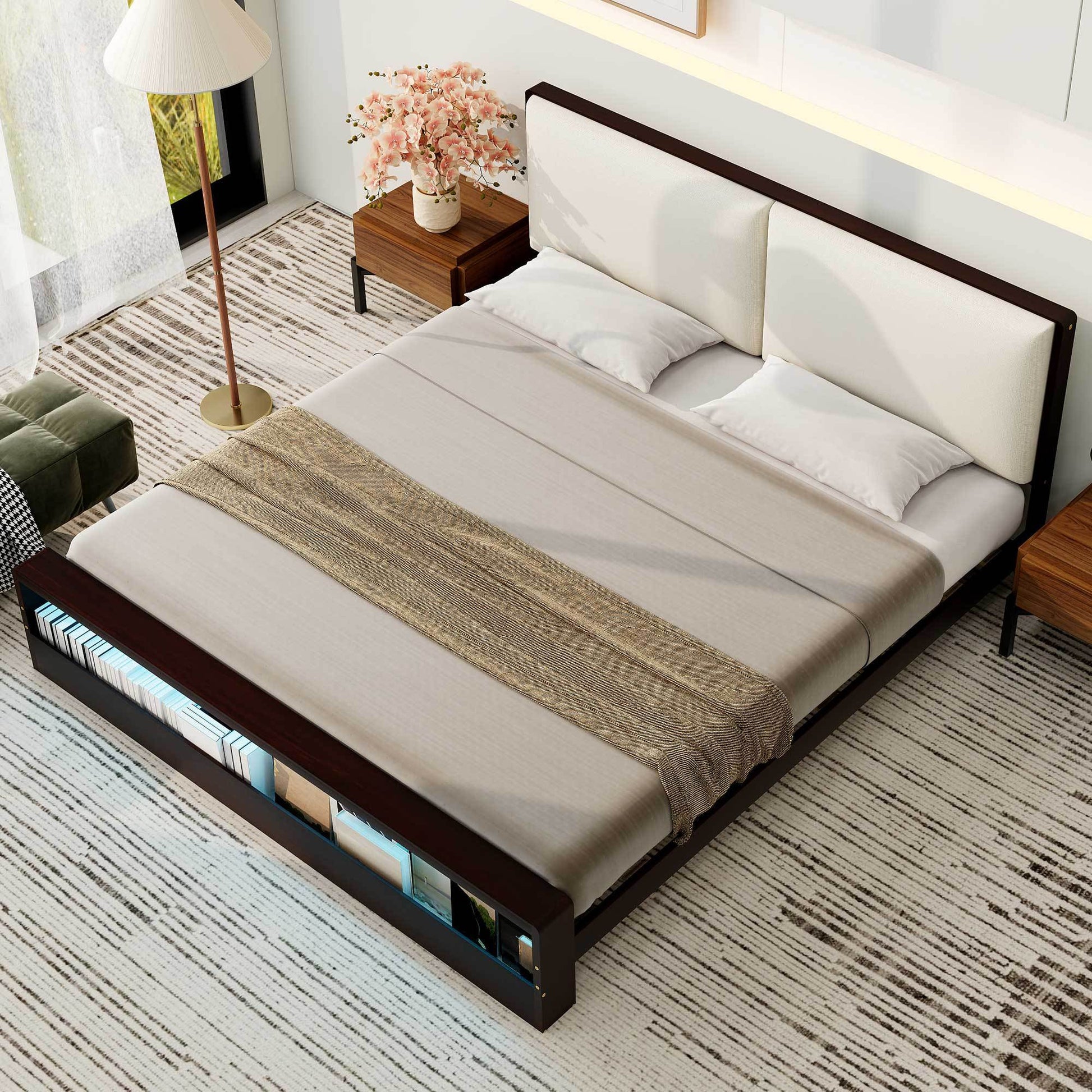 King Size Platform Bed Frame With Upholstery Headboard And Bookshelf In Footboard And Led Light Strips, Espresso King Espresso Solid Wood Mdf