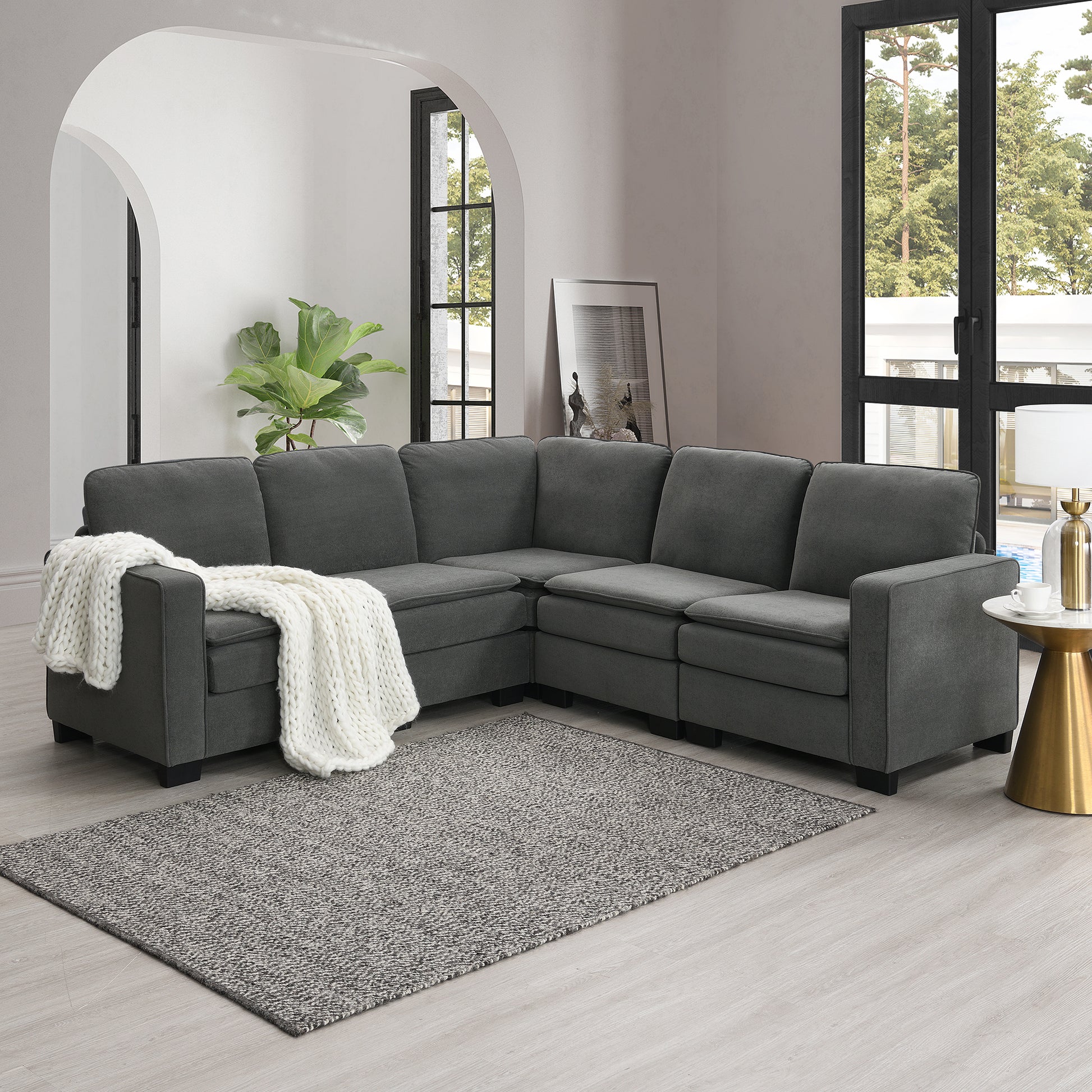 89*89" Oversized Velvet Modern Sectional Sofa,Large L Shaped Upholstered Indoor Furniture With Double Cushions,5 Seat Cloud Corner Couch For Living Room,Apartment,Office,2 Colors Gray Fabric 5 Seat