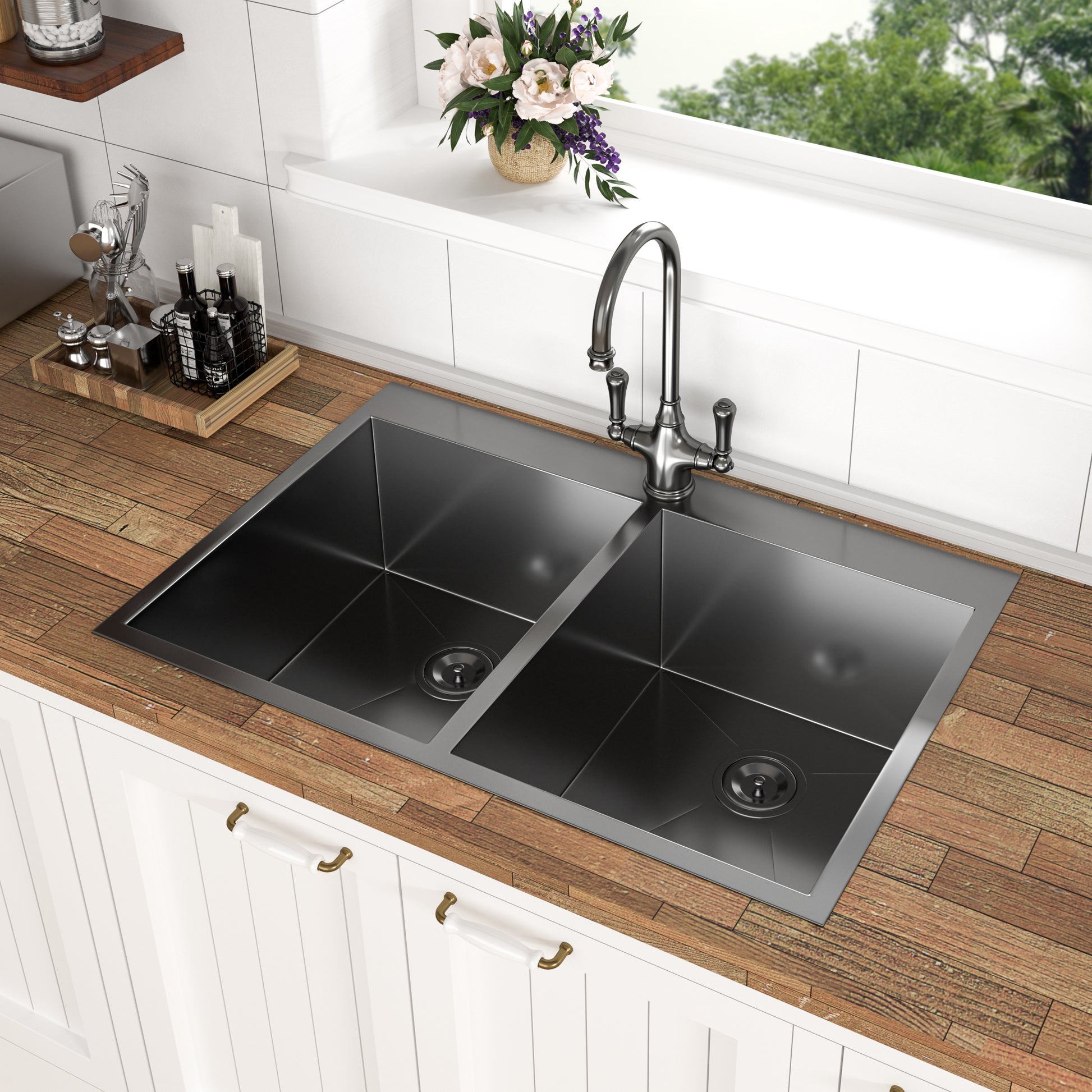 Double Bowl Drop In Sink 33"X22" Gunmetal Black Double Bowl Kitchen Sink 18 Gauge With Two 9" Deep Basin Gunmetal Black Stainless Steel