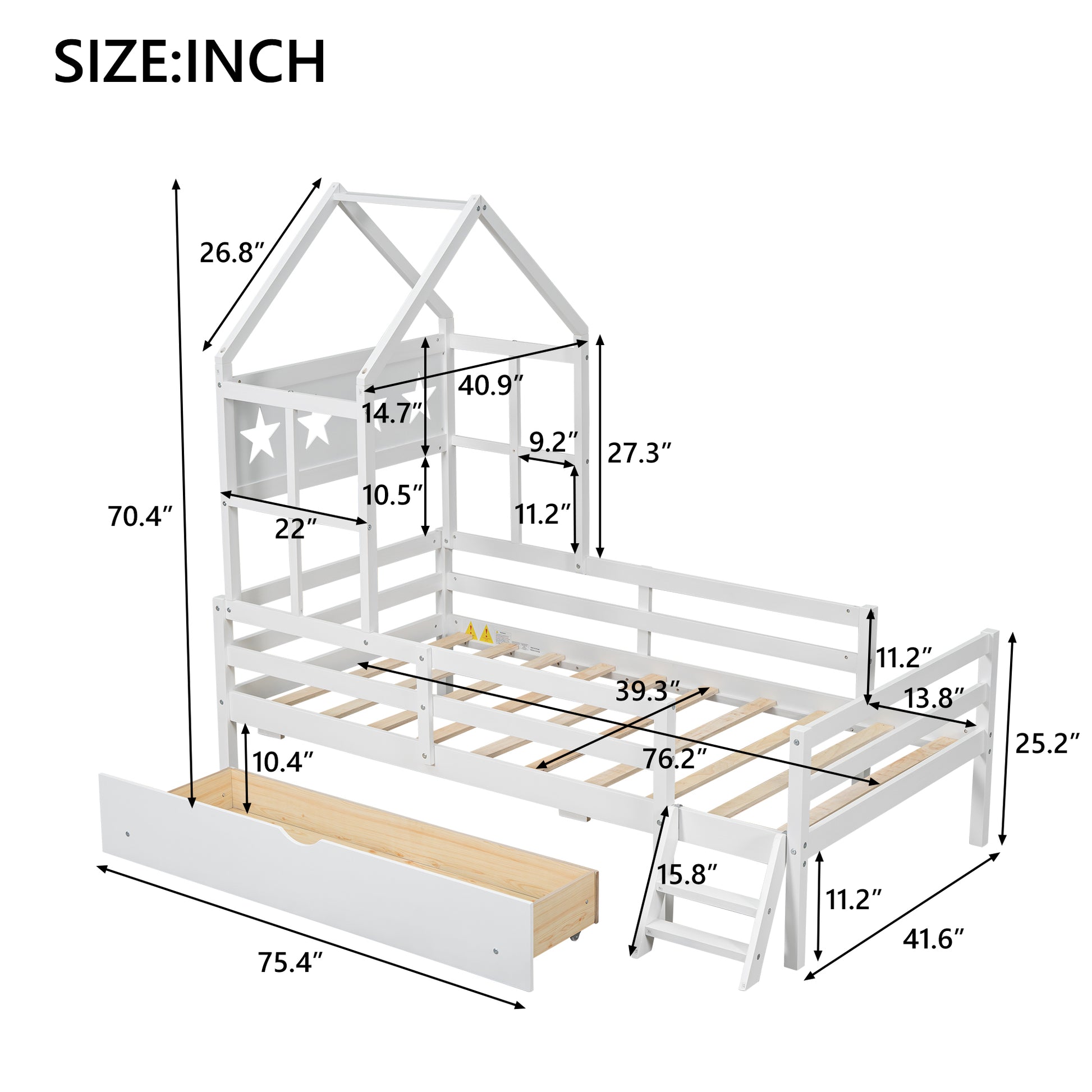 Wood Twin Size House Platform Bed With Guardrail And Drawer, White Box Spring Not Required Twin White Wood Bedroom Bed Frame Solid Wood Mdf