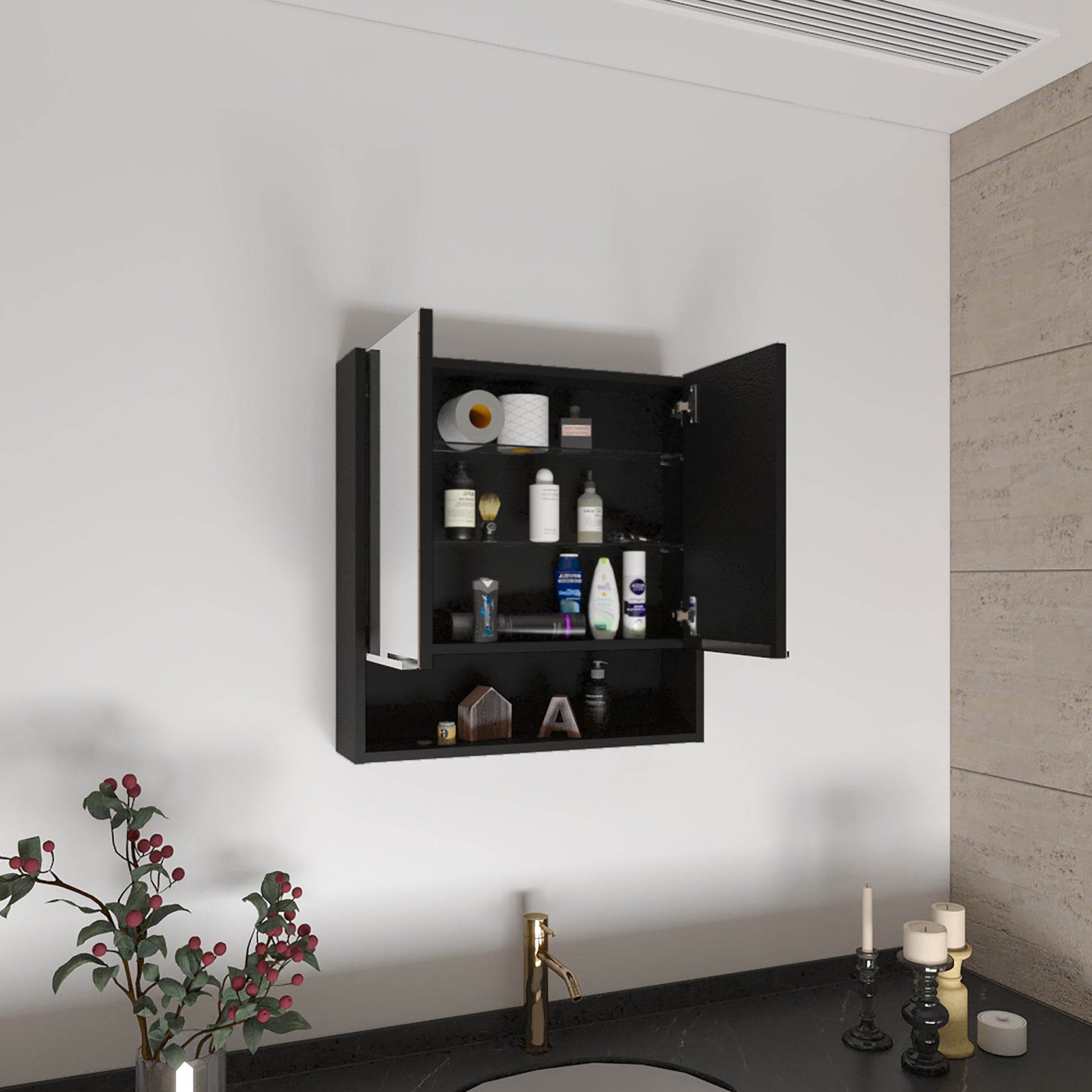 Ozark 24" Medicine Cabinet With Mirror, One Shelf Black 1 1 18 To 23 In 24 To 31 In Mirror Included Bathroom Wall Mounted Modern 5 10 Inches Melamine Engineered Wood