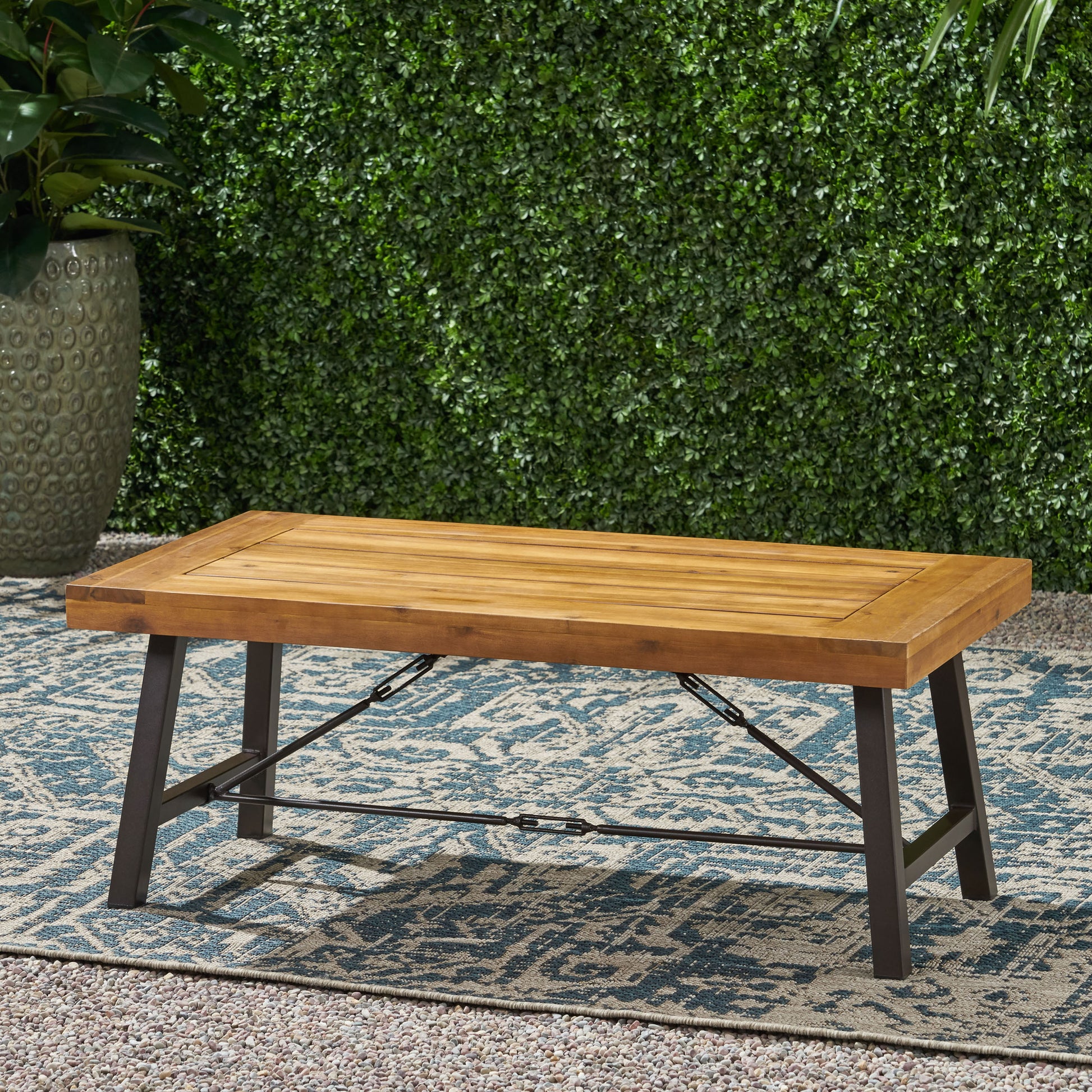 Outdoor Acacia Wood Coffee Table, Teak Finish Rustic Metal Brown And Black, 27.25"D X 45.75"W X 18"H Brown Acacia Wood