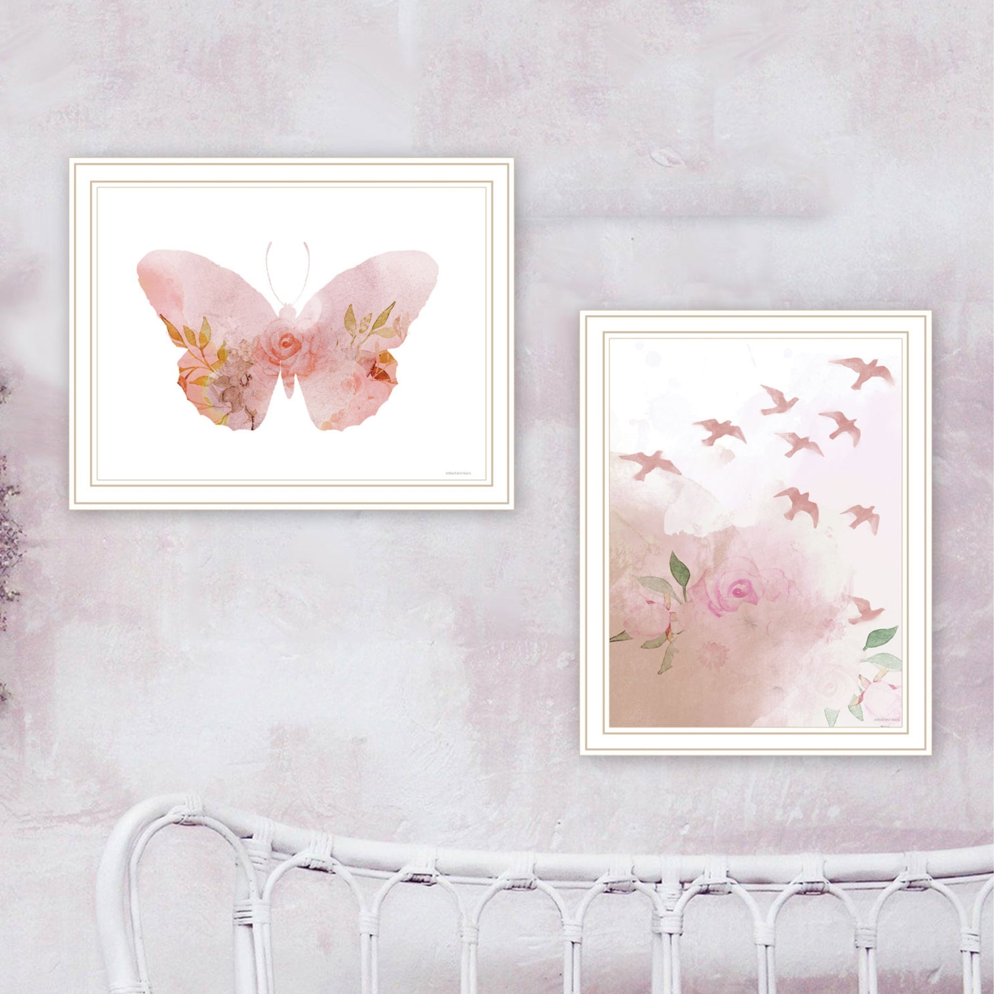 2 Piece Vignette Meadow Flora Birds And Butterflies Framed Wall Art For Living Room, Abstract Wall Art Print For Home Decor, Bedroom Wall Art By Bluebird Multicolor Wood Paper
